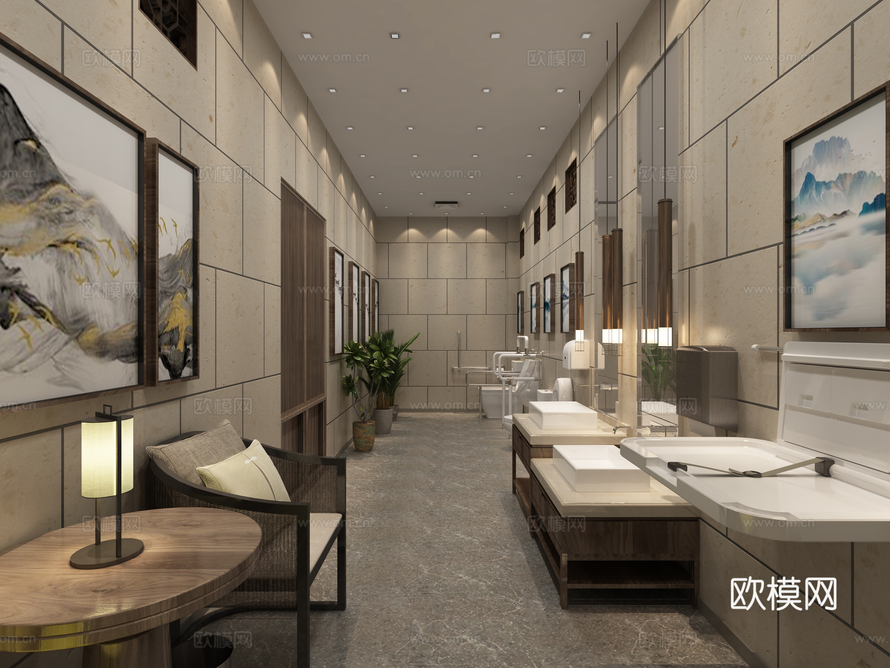 新中式公厕家庭卫生间3d模型下载（渲染图2）