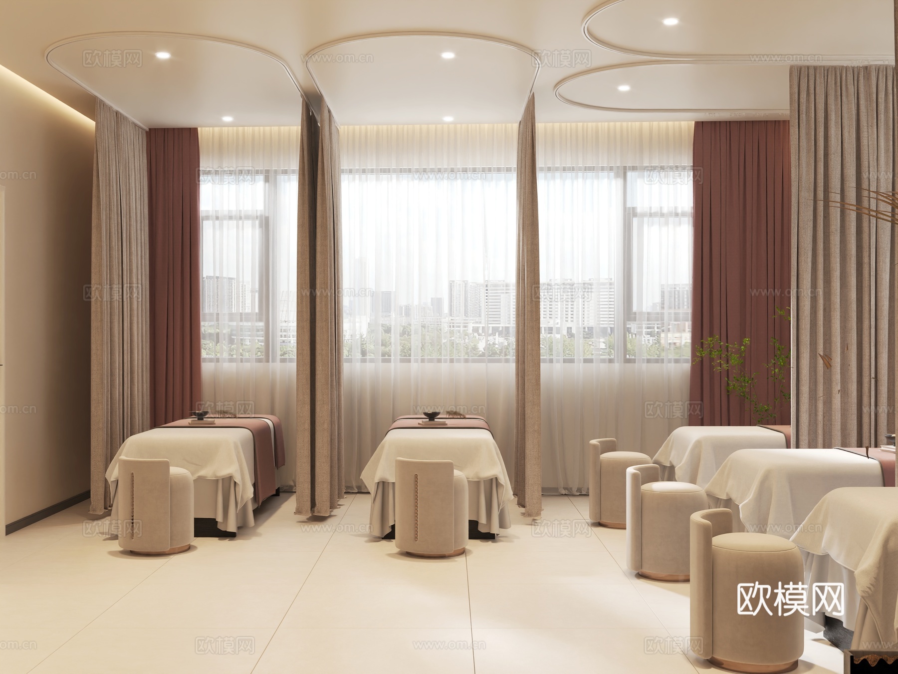 美容院包间多人间美容床窗帘洽谈室卫生间3d模型3d模型下载（渲染图2）