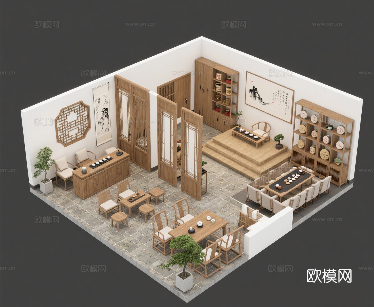 茶室平面布局图 效果图cad施工图