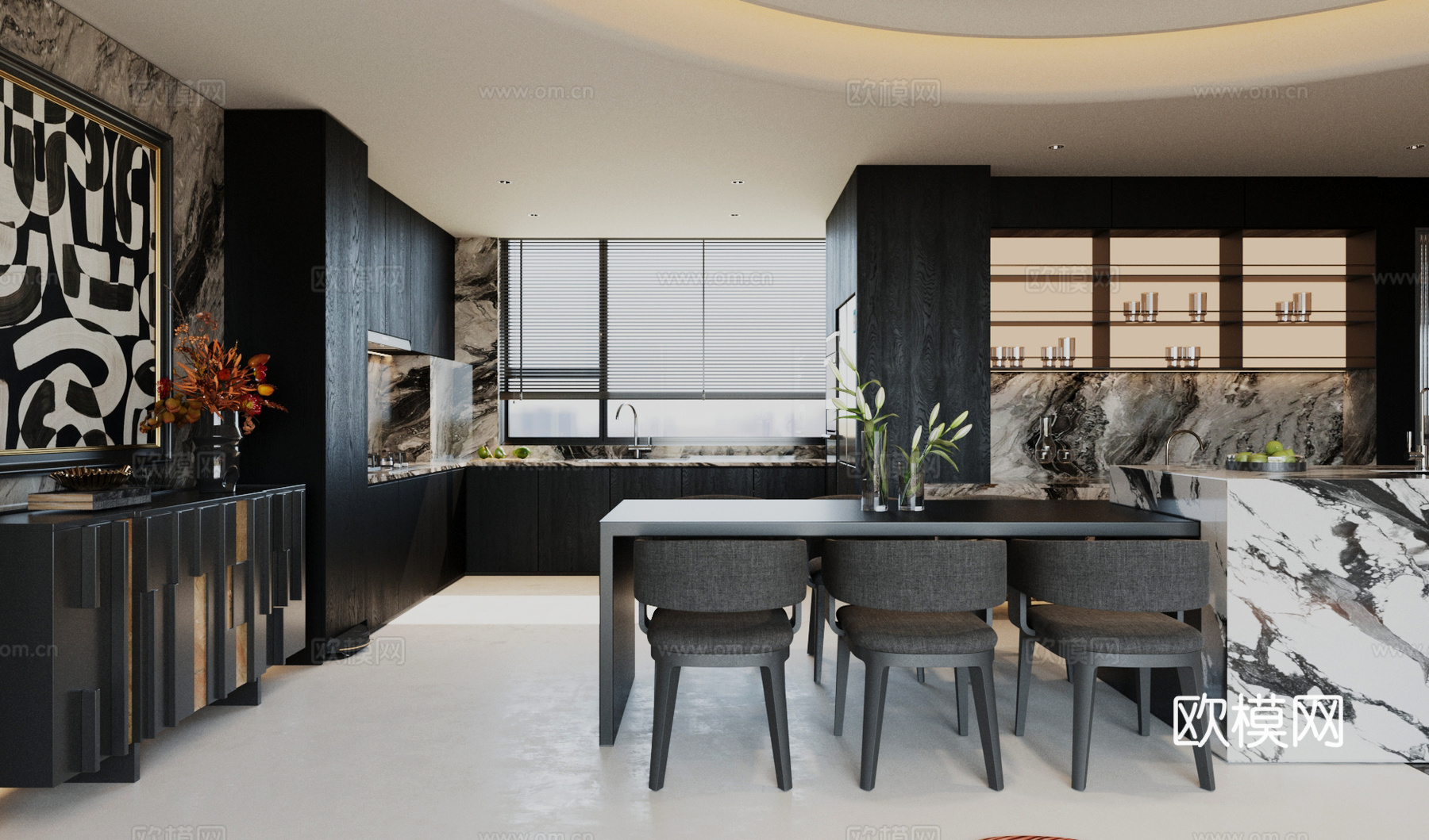 轻奢意式家居餐厅 大理石餐桌 开放式餐厅 无主灯餐厅 厨房3d模型下载（渲染图1）