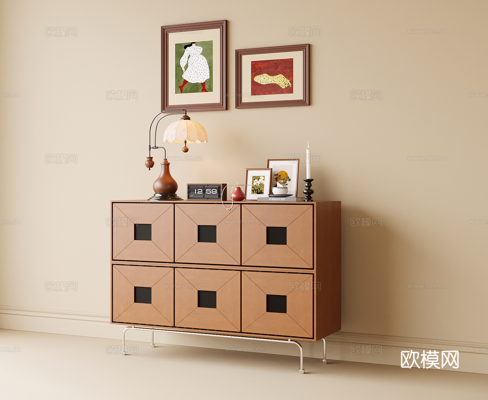 现代玄关柜 边柜 挂画 饰品摆件 台灯su模型