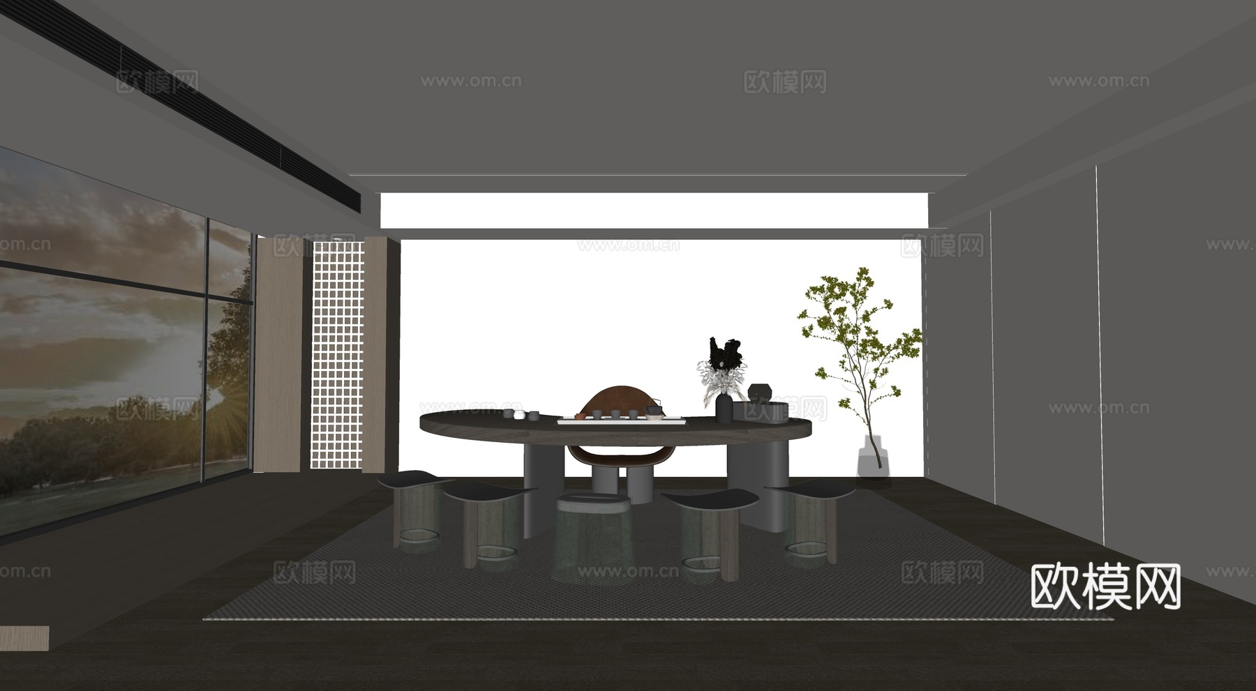 现代茶桌组合 茶室 茶台su模型