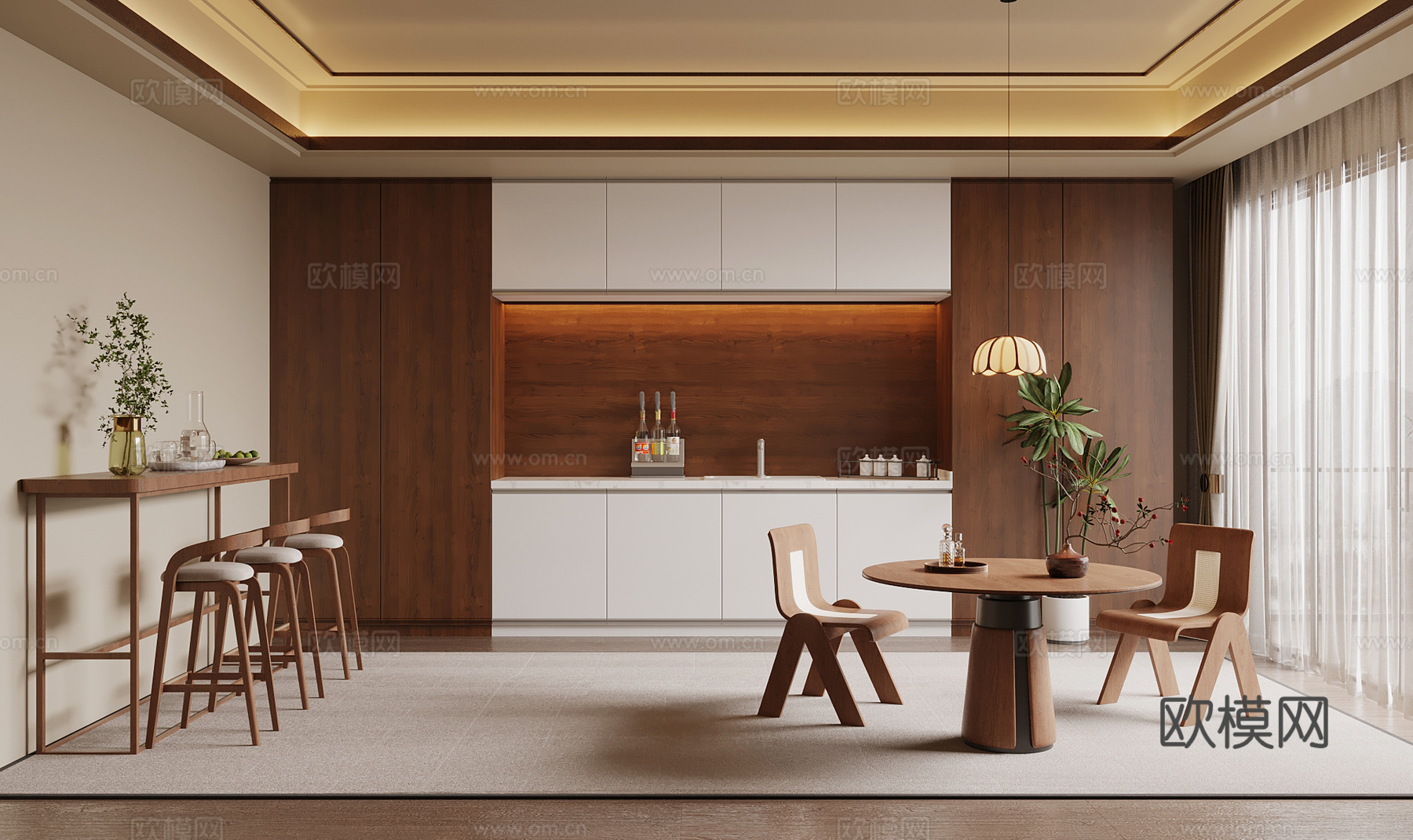 中古风茶水间 吧台 洽谈桌椅3d模型下载