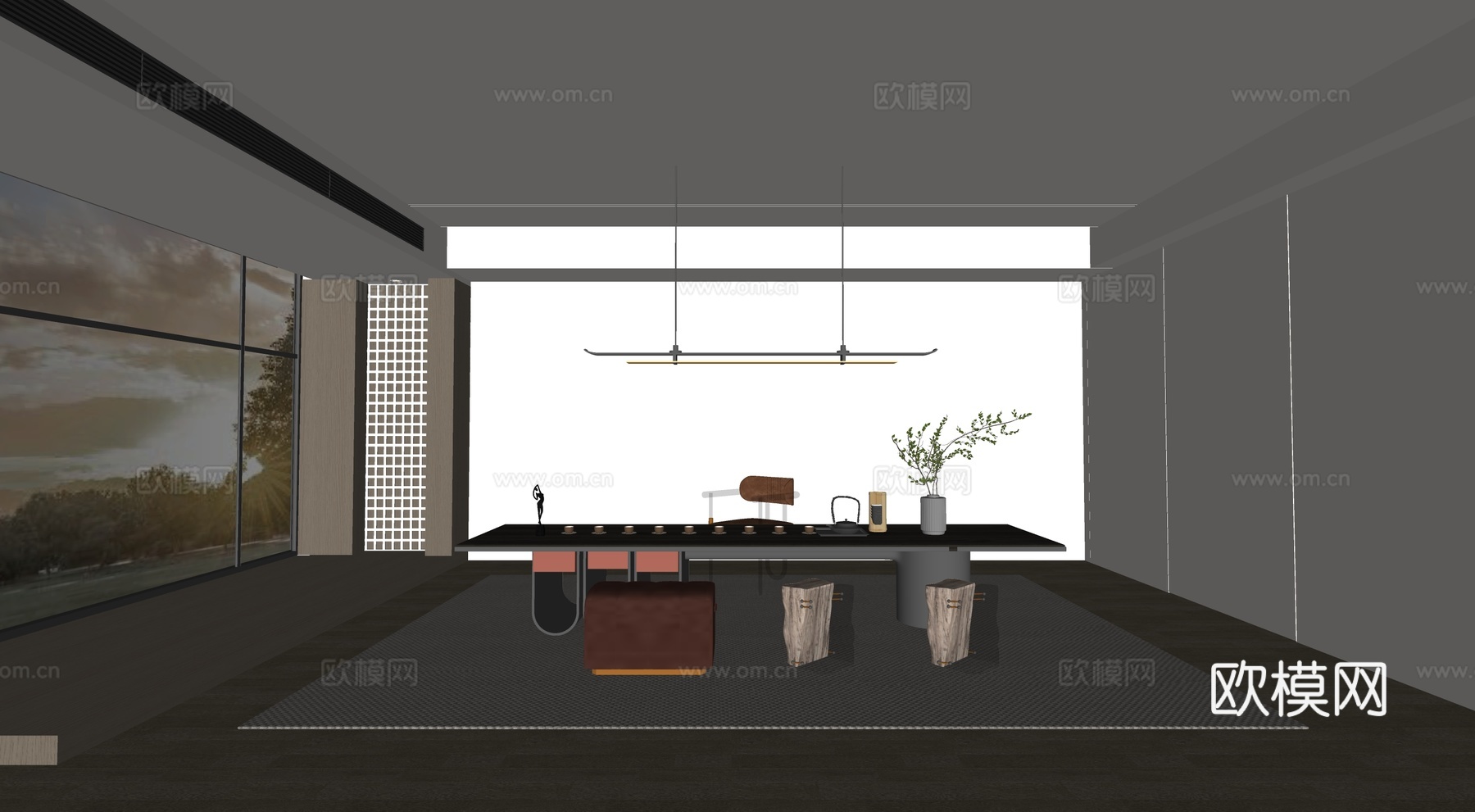 现代茶桌组合 茶室 茶台su模型