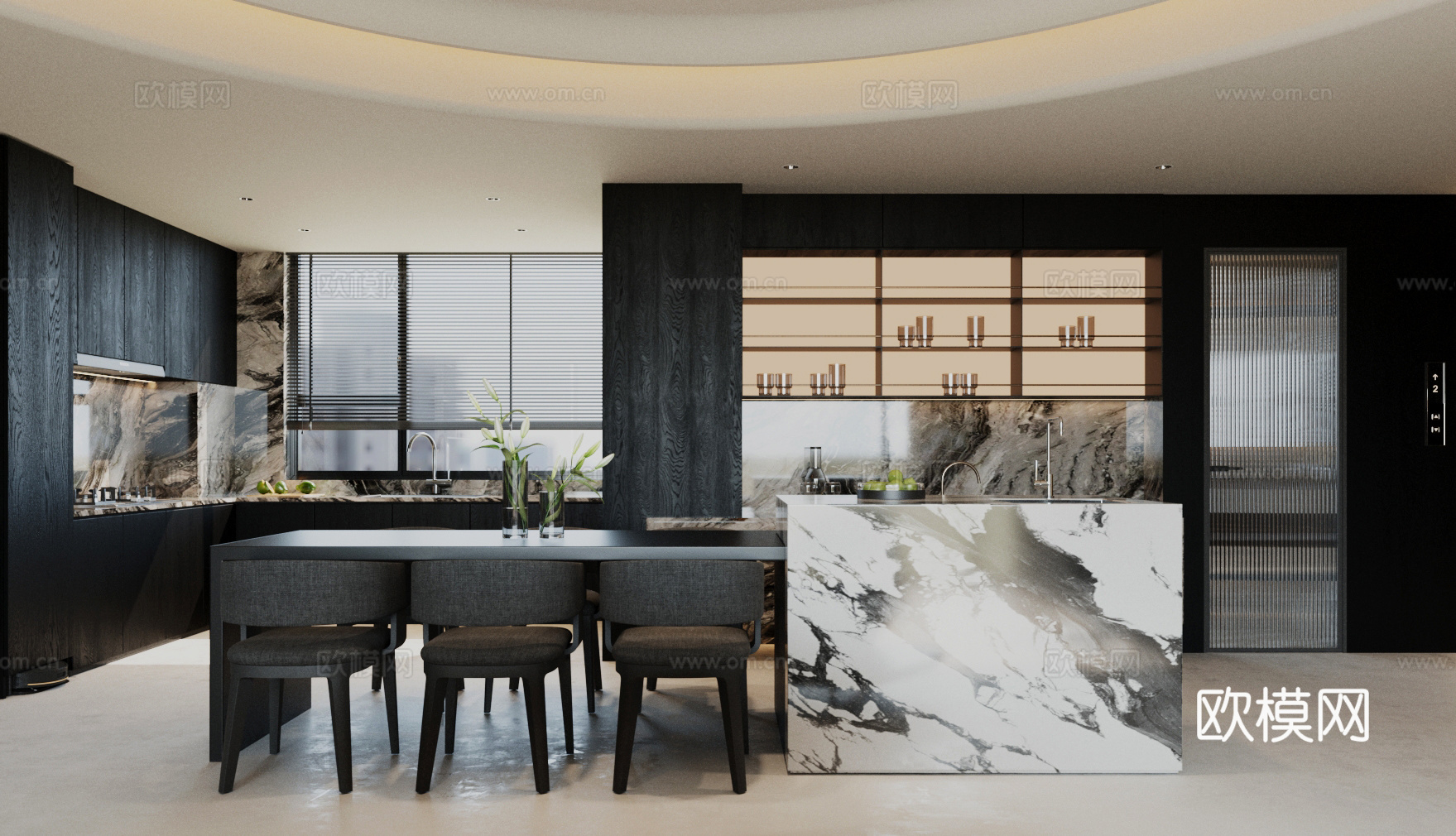 轻奢意式家居餐厅 大理石餐桌 开放式餐厅 无主灯餐厅 厨房3d模型下载（渲染图2）