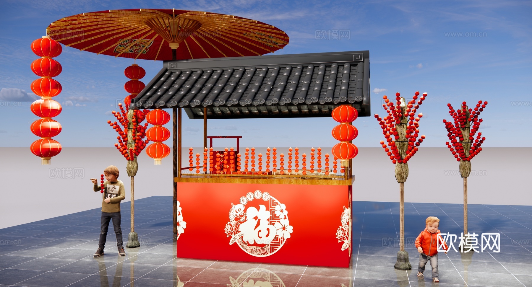 新中式 美陈 商业美陈 糖葫芦摊位 户外装置 集市 冰糖葫芦su模型