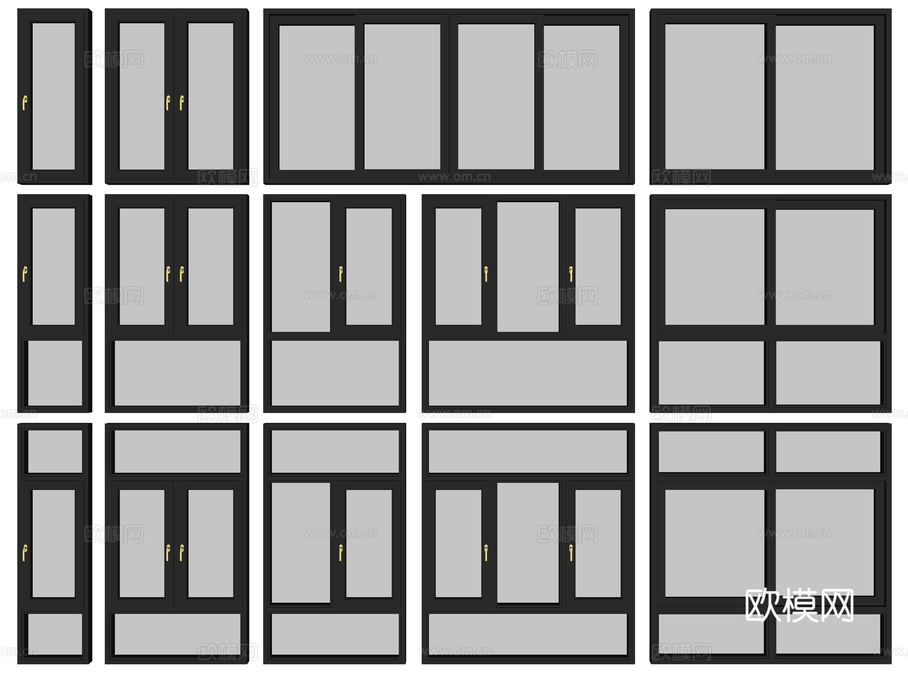 现代铝合金平开窗 铝合金推拉窗 断桥铝推拉门 窗户组合su模型