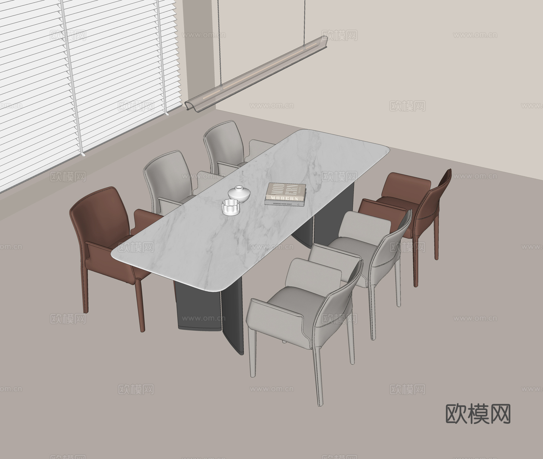 新中式餐桌椅组合 实木餐桌 实木餐椅 花瓶枝干 陶罐 书籍摆su模型