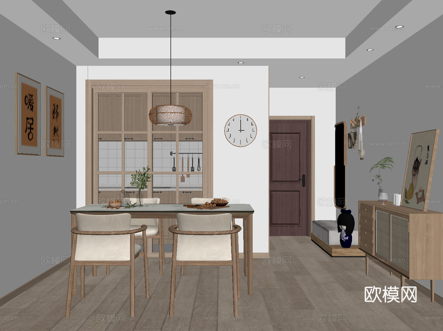 日式餐厅 茶桌椅 餐边柜su模型