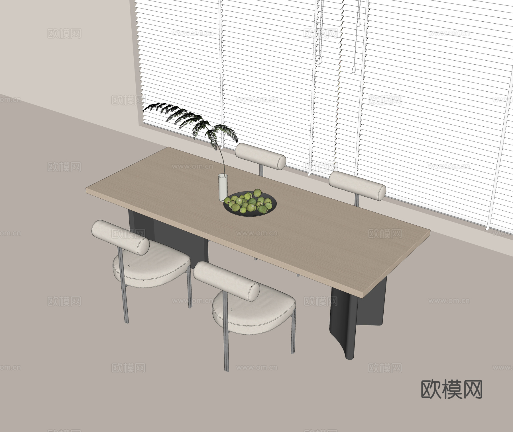 新中式餐桌椅组合 实木餐桌 实木餐椅 花瓶枝干 陶罐 书籍摆su模型