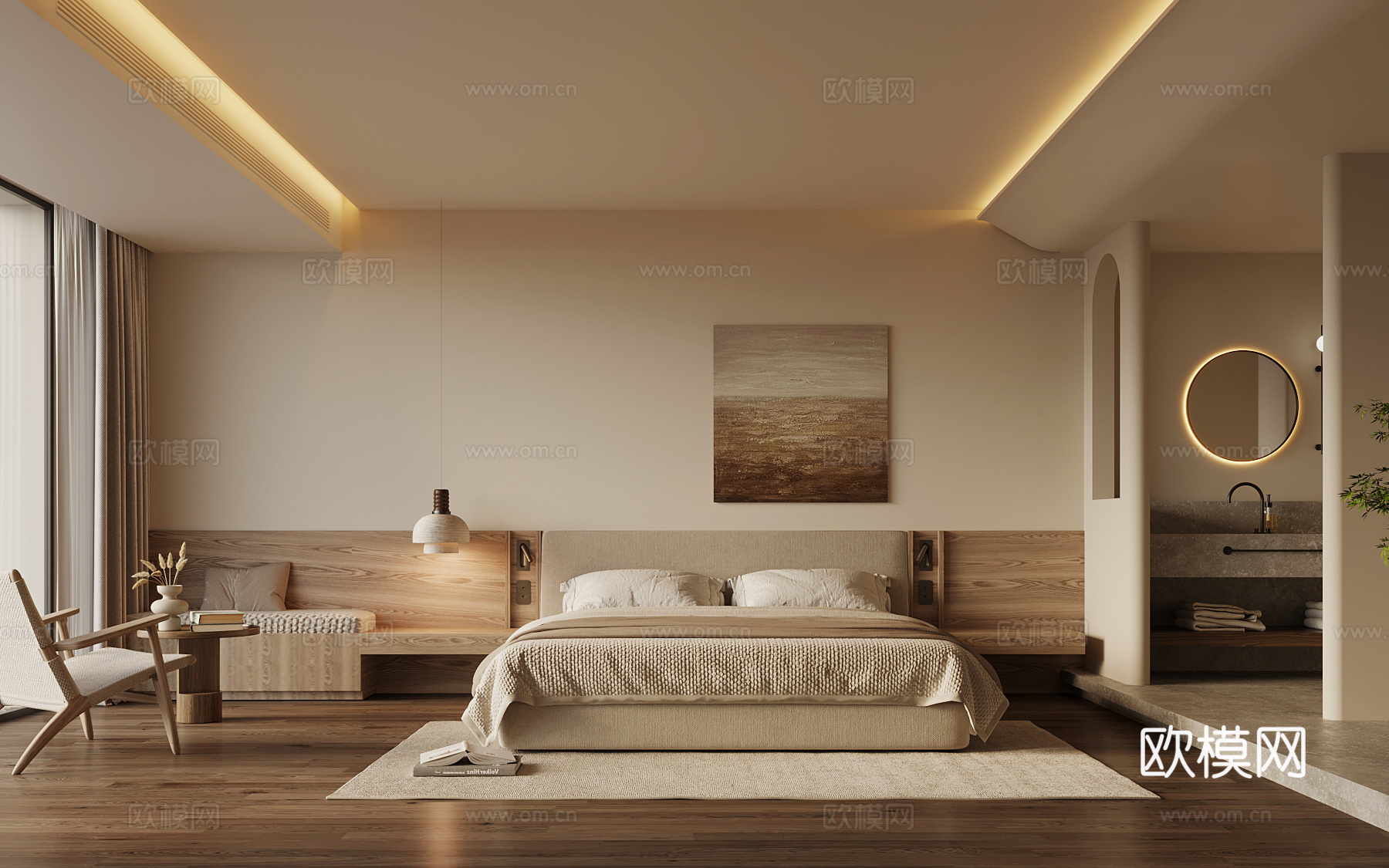 侘寂风酒店客房 大床房3d模型下载