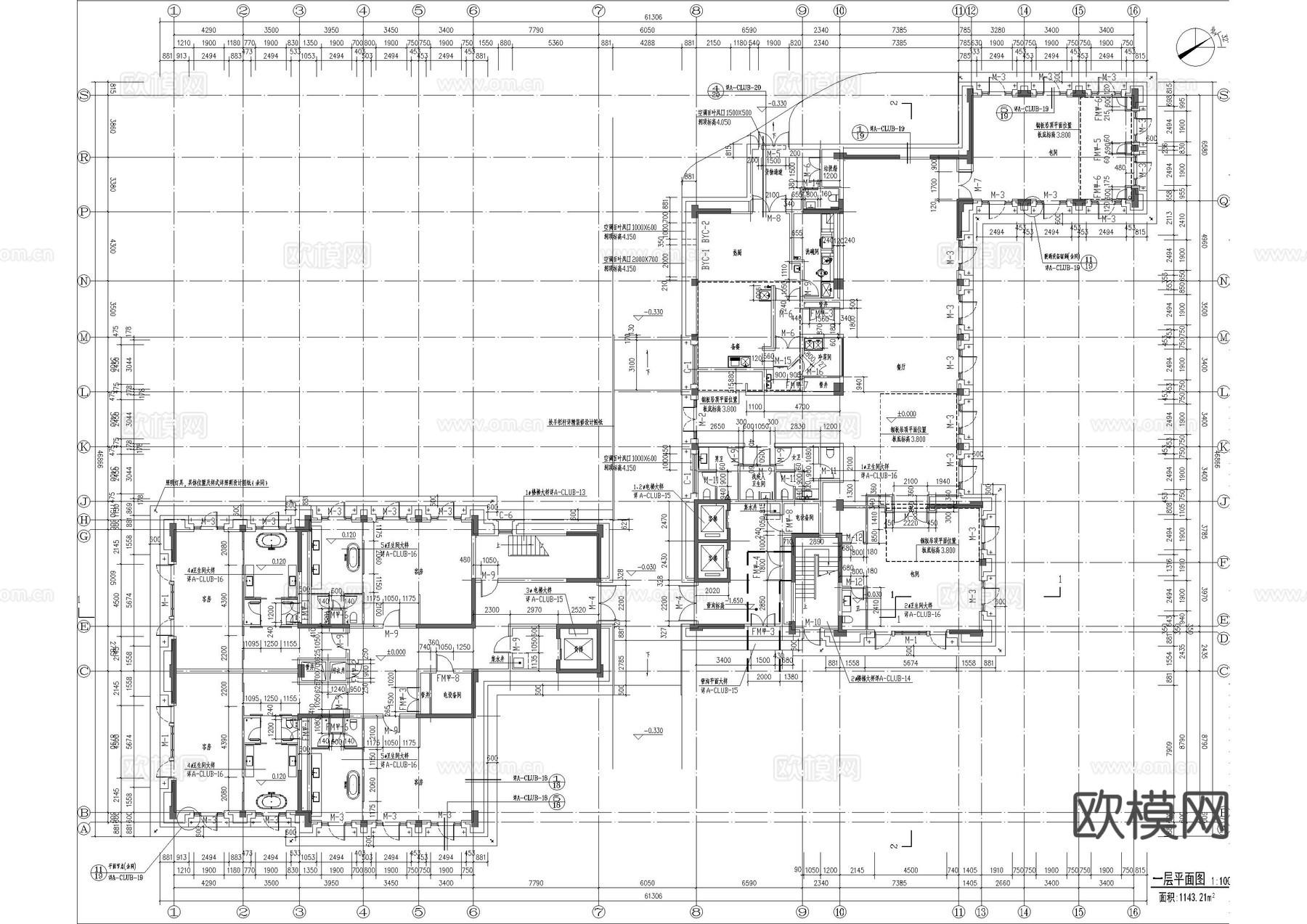 酒店俱乐部建筑施工图cad施工图