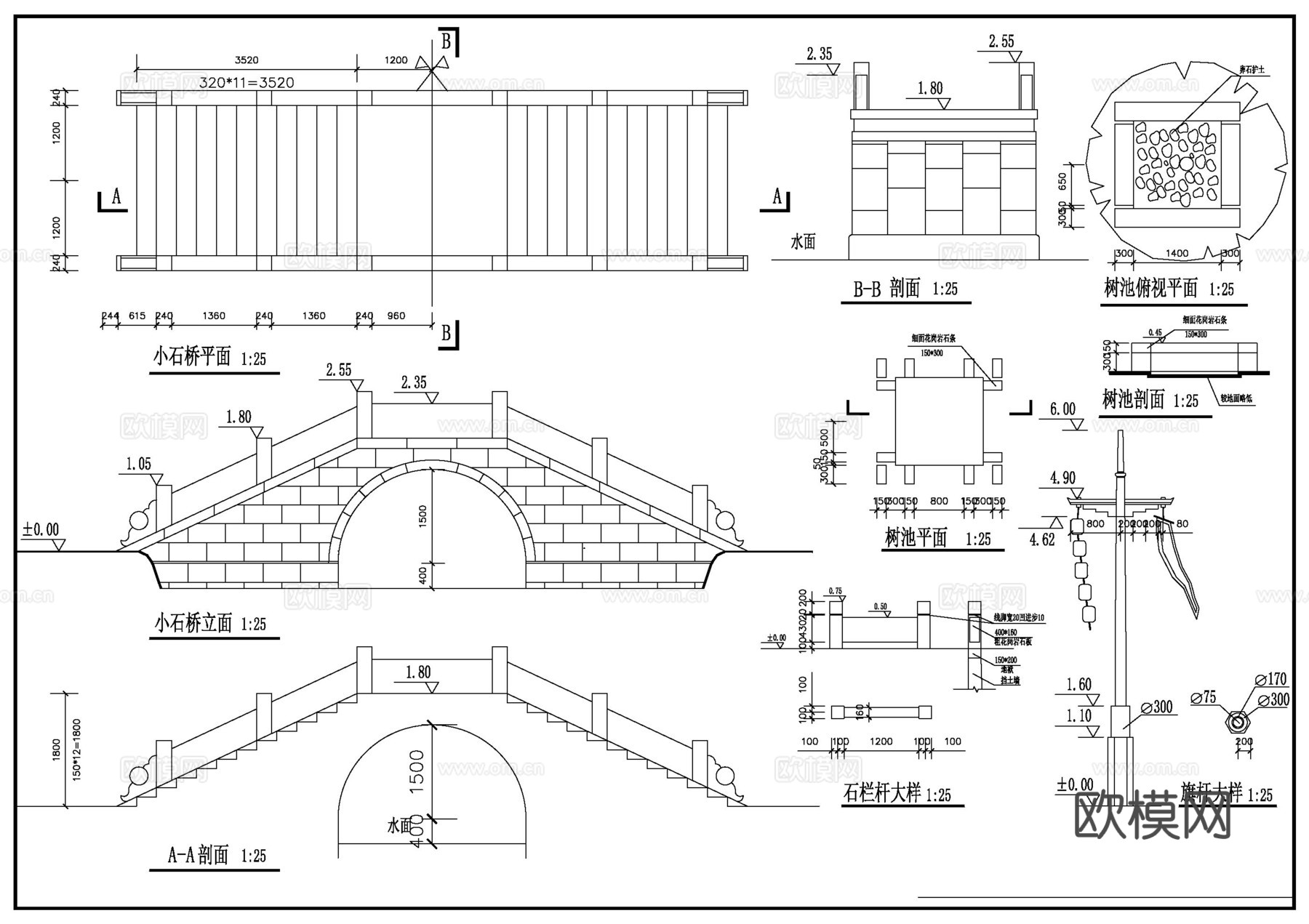 园林设计常用景观桥图cad施工图