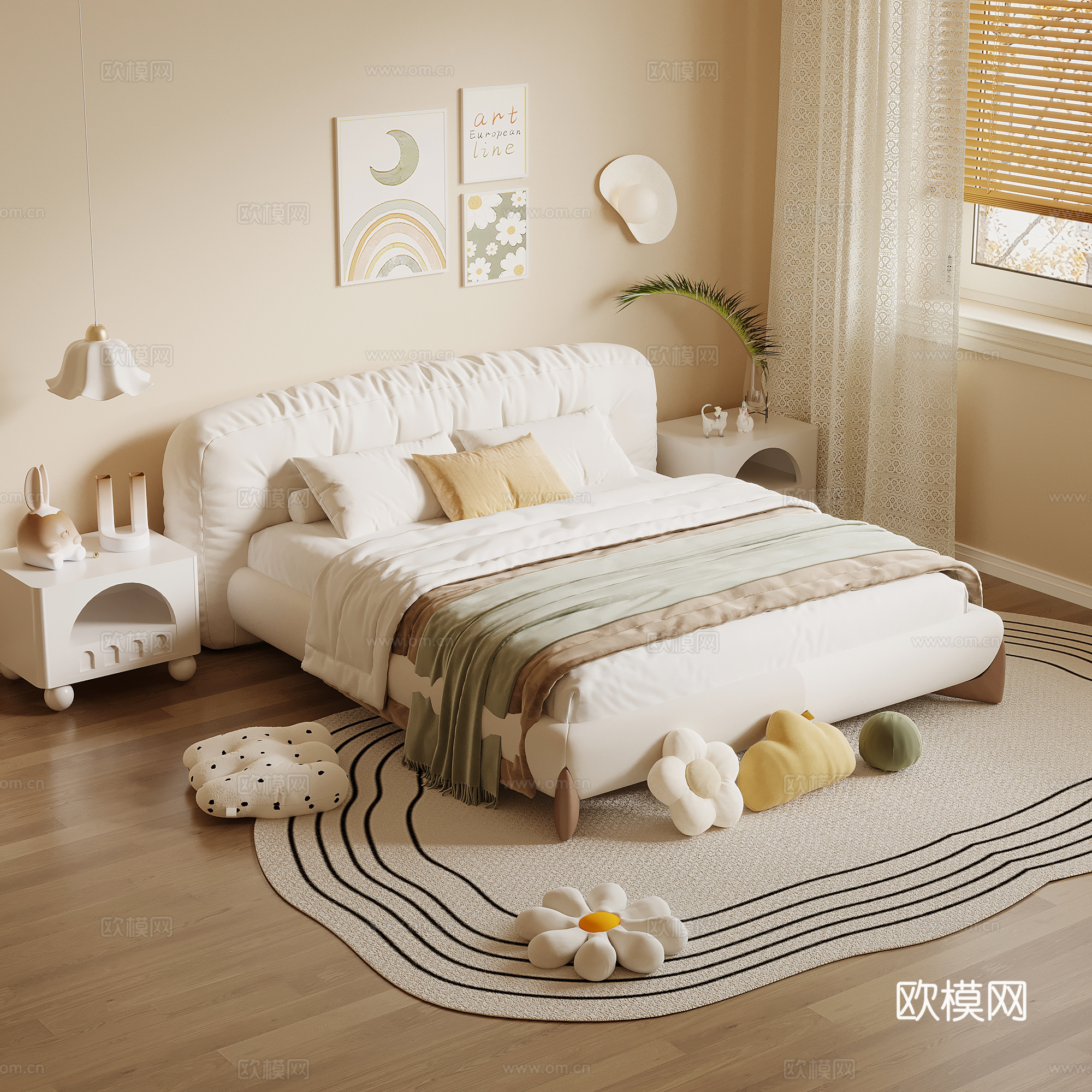 现代奶油风儿童床 床头柜su模型