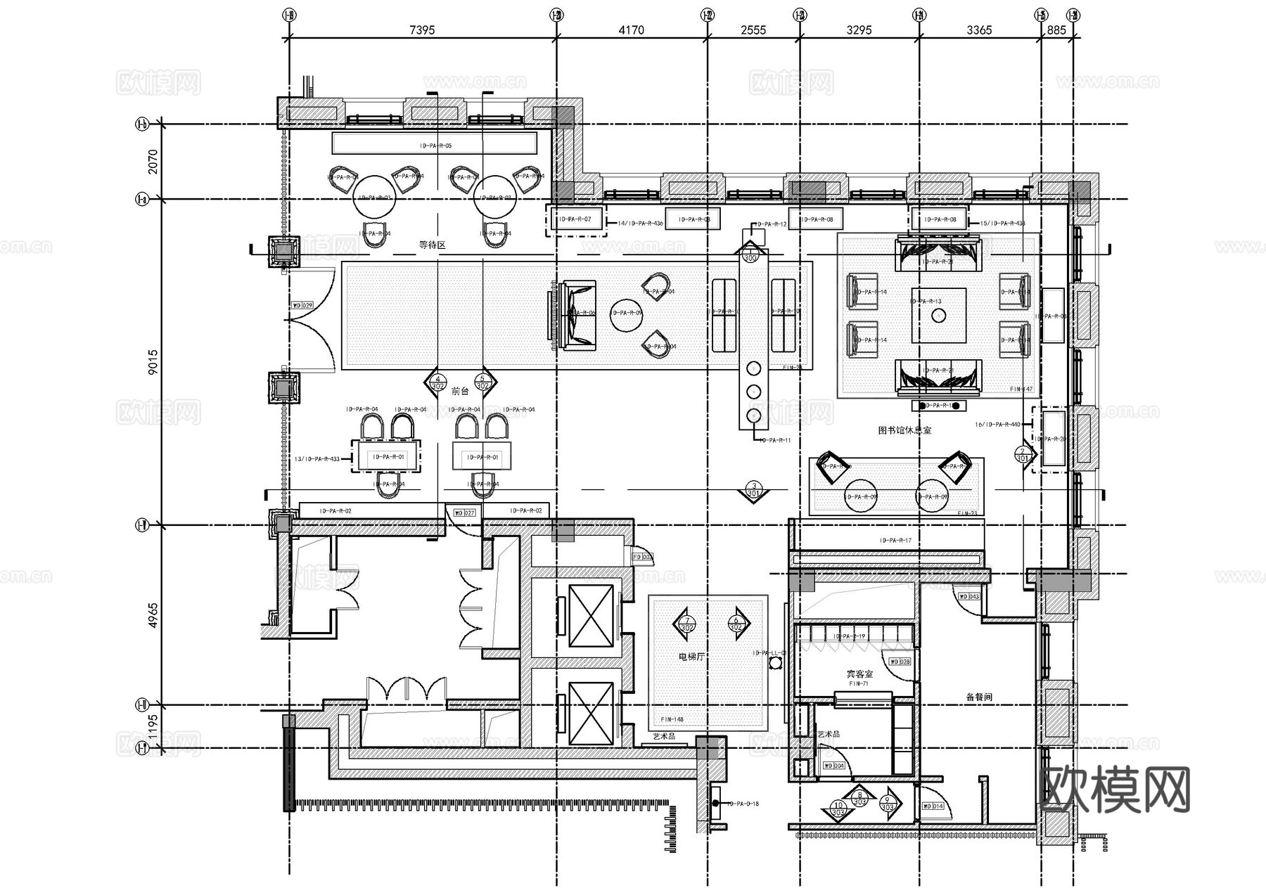 前台、图书馆休息室平面图cad施工图