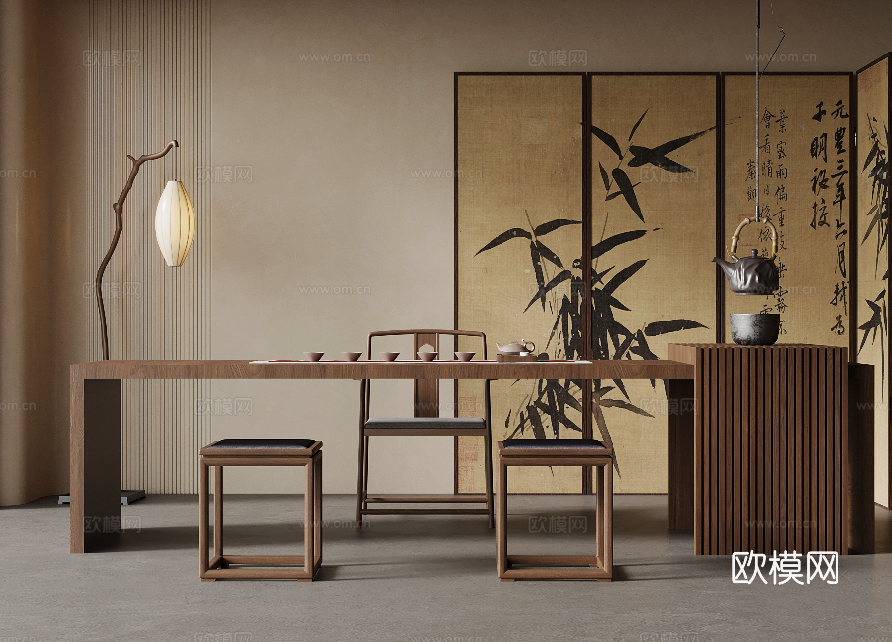 新中式茶桌椅 落地灯 屏风3d模型下载