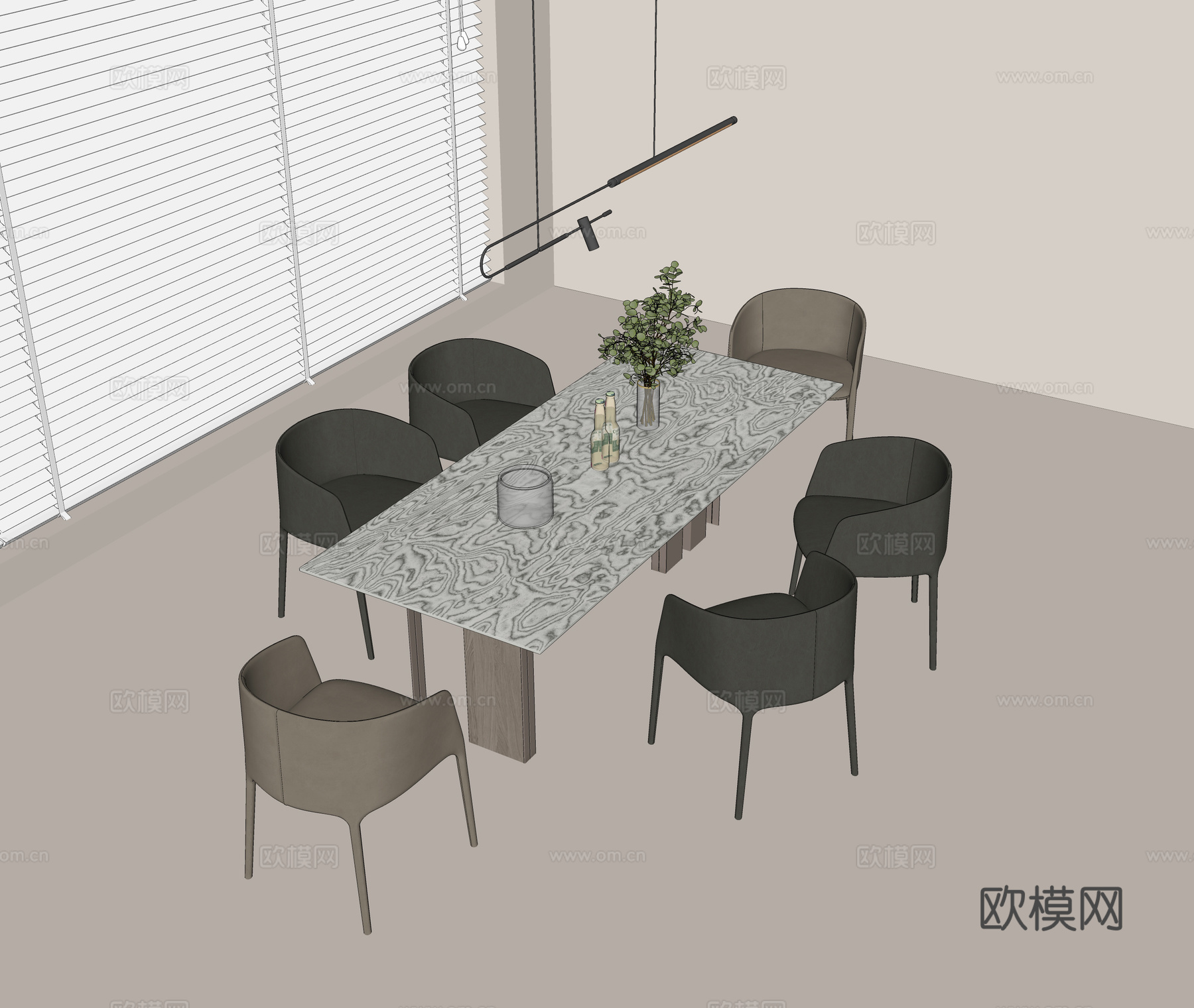新中式餐桌椅组合 实木餐桌 实木餐椅 花瓶枝干 陶罐 书籍摆su模型