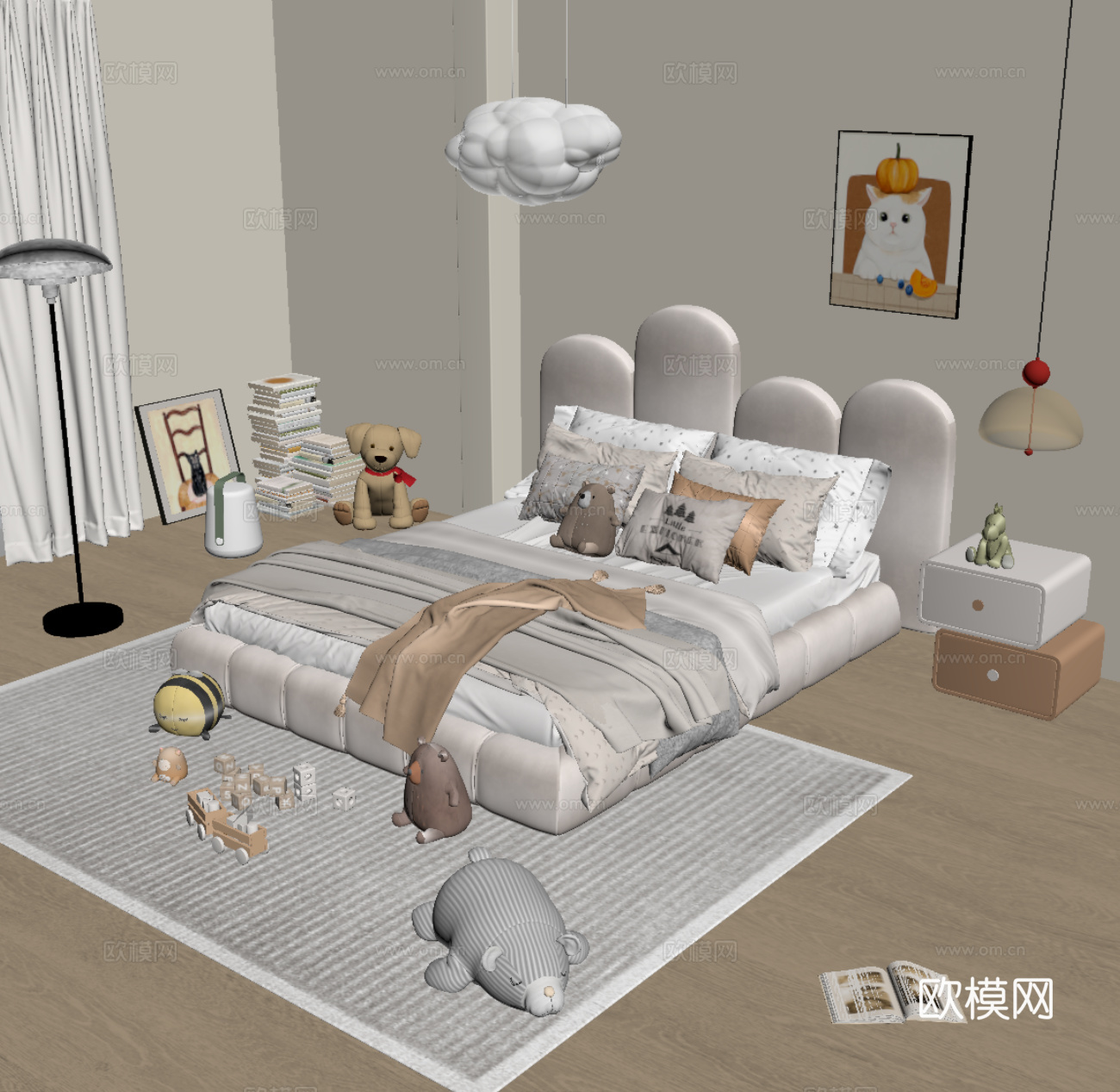 现代奶油风儿童床 床头柜 吊灯su模型