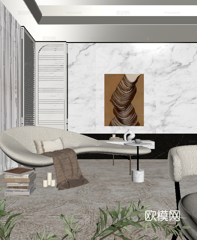 现代法式复古躺椅 屏风su模型