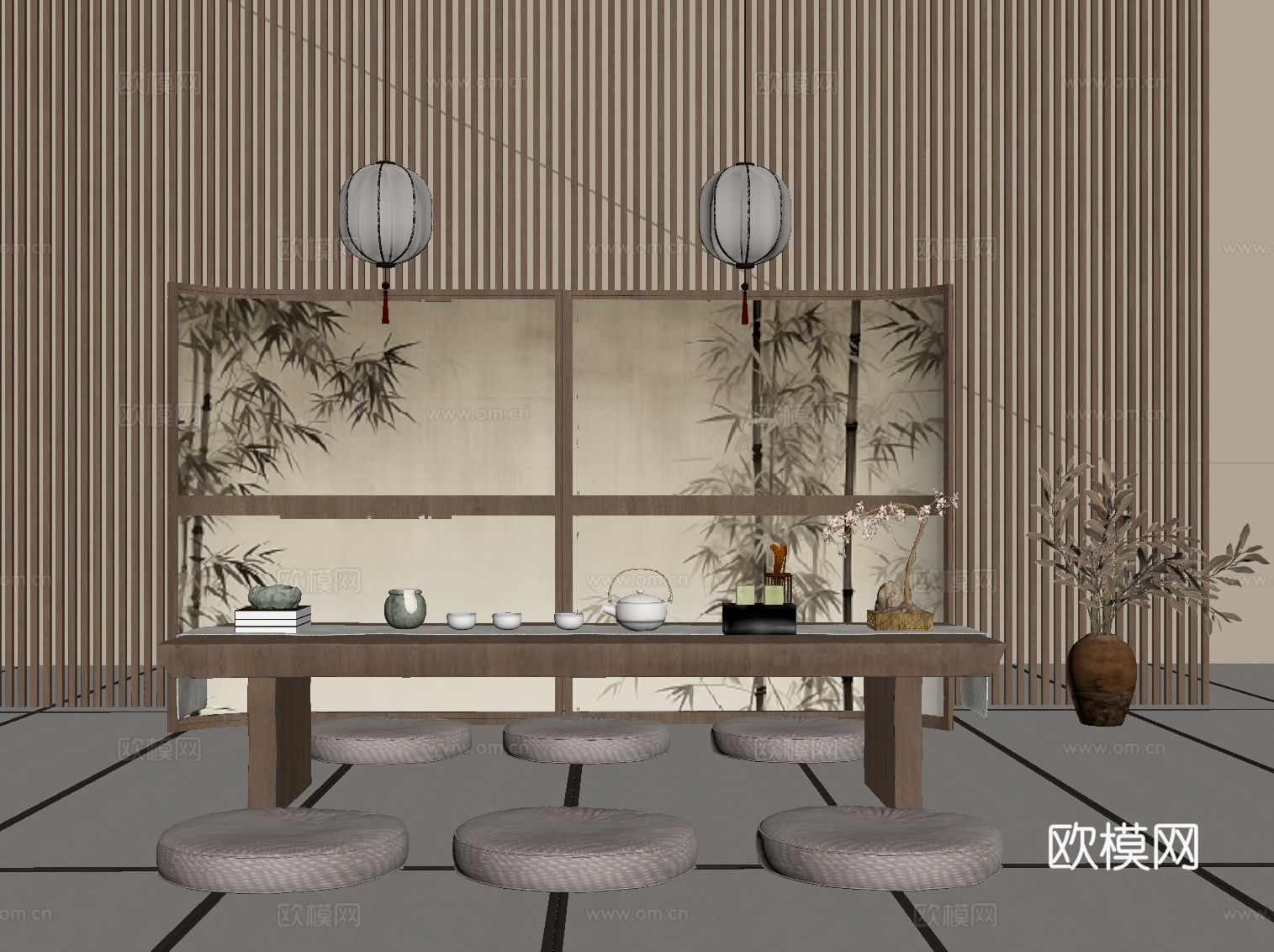 新中式茶室 茶台 茶桌椅su模型