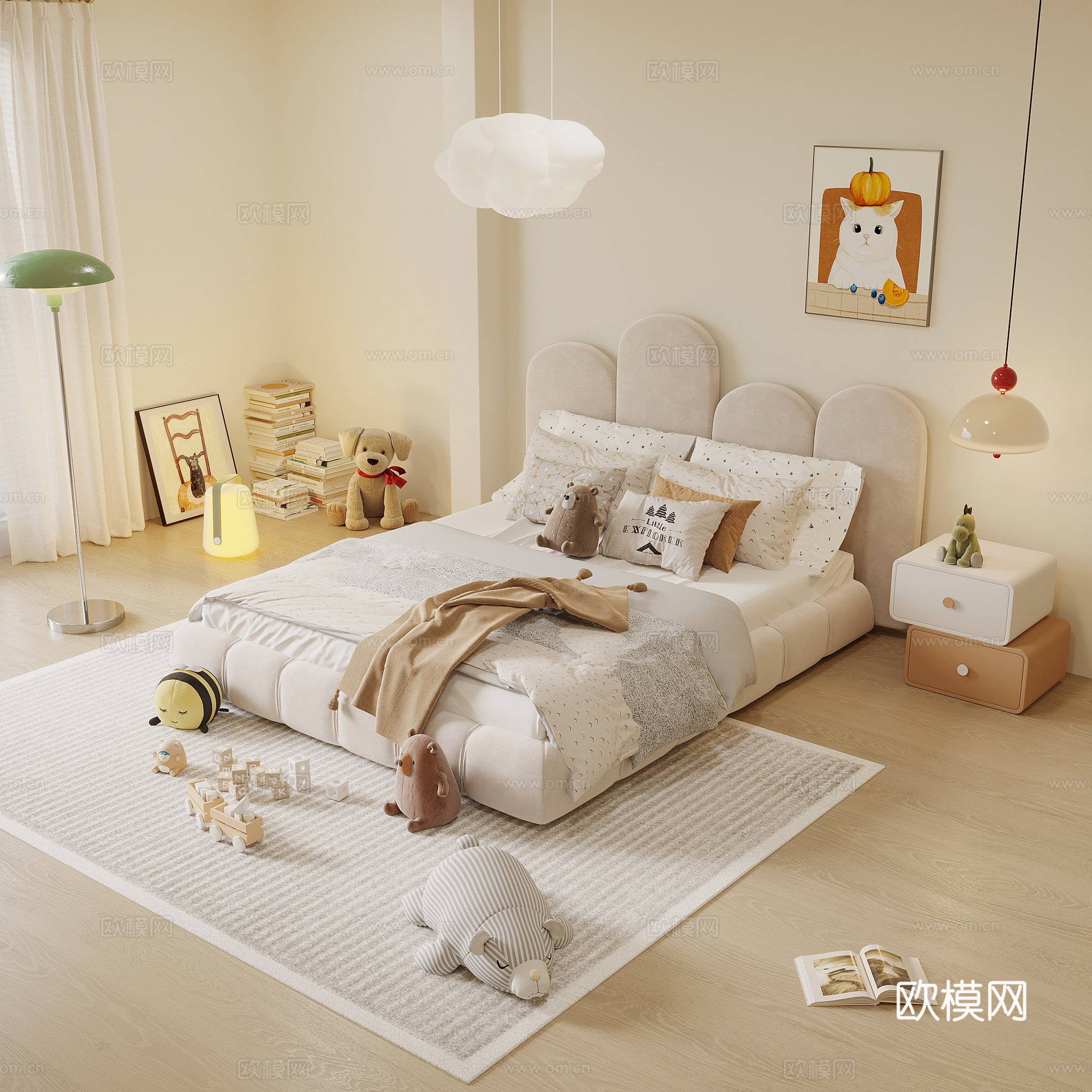 现代奶油风儿童床 床头柜 吊灯su模型