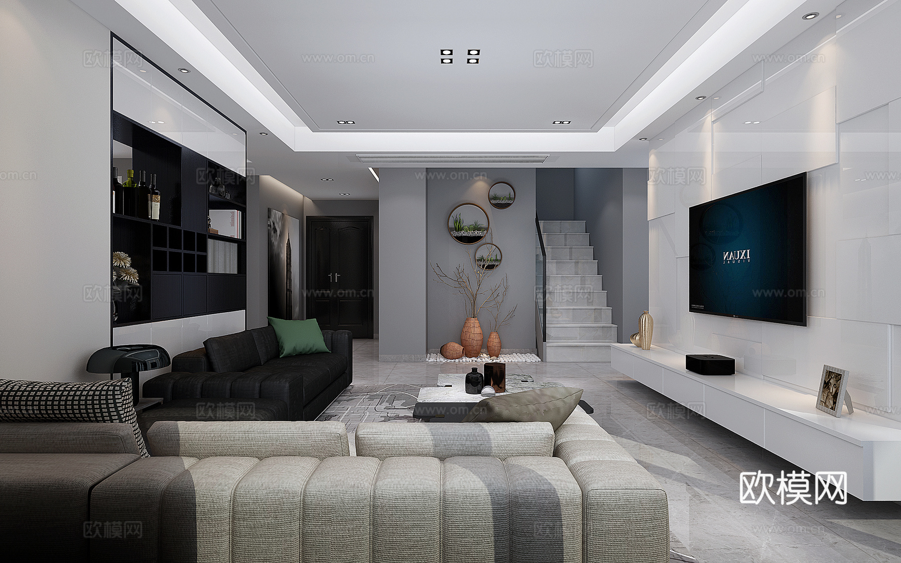 现代黑白灰客厅 沙发茶几 挂画 装饰品3D3d模型下载