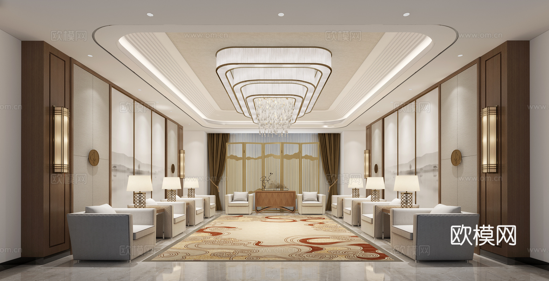 中式新中式接待室 水晶灯 沙发 台灯 壁灯 屏风 边柜 饰品3d模型下载