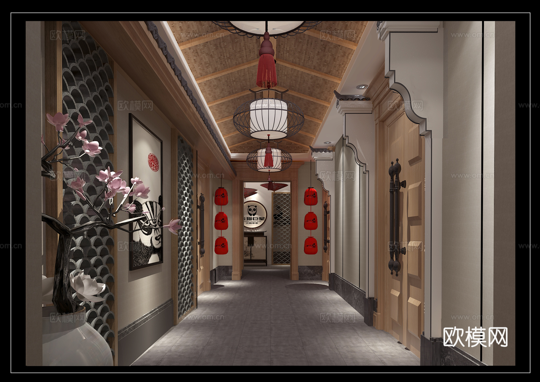 新中式餐饮餐厅过道 中式吊灯 红灯笼 桃花花瓶瓦片装饰画3d模型