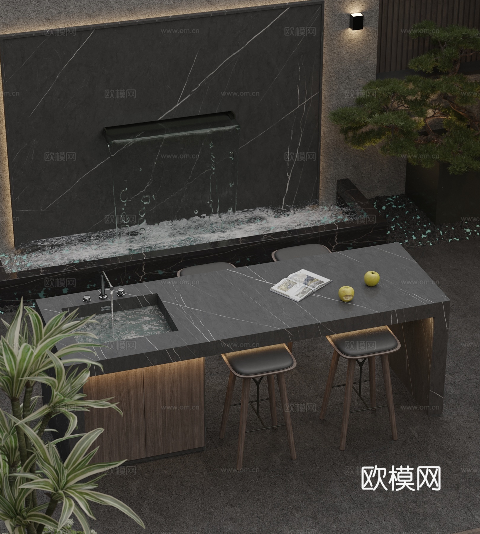 现代暗黑系庭院景观 户外水吧台 操作台 洗水池 墙壁景墙叠水3d模型下载