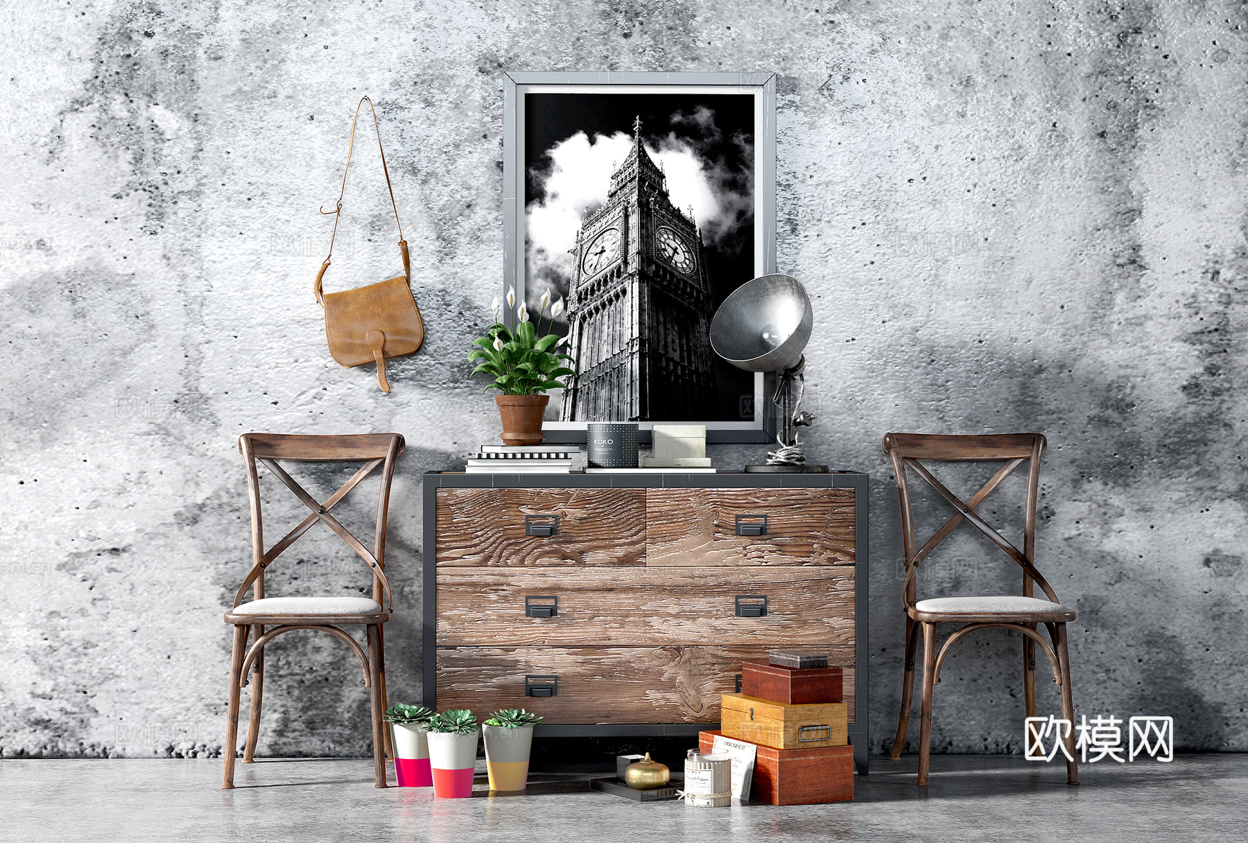 工业风边柜 椅子 摆件 饰品 挂画3d模型下载（渲染图1）
