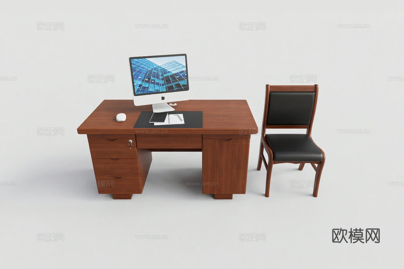 现代办公桌椅套组 深木纹主管办公桌椅 iMac工作站su模型