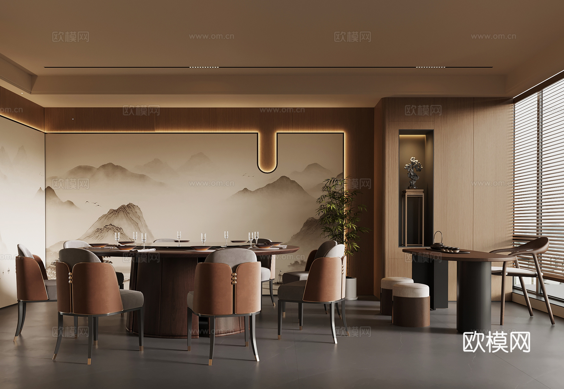 新中式包房 八人餐桌 小茶台su模型