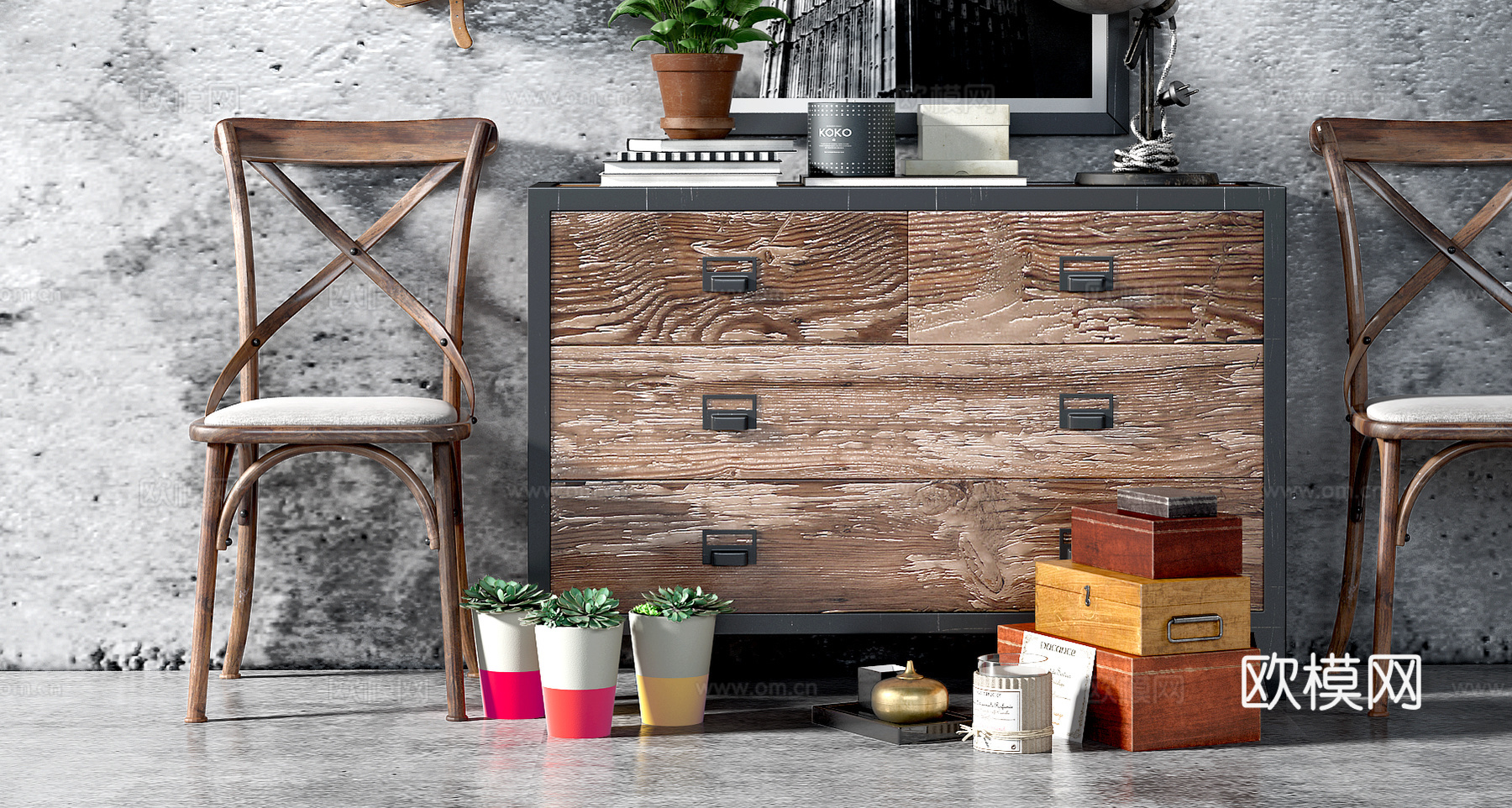 工业风边柜 椅子 摆件 饰品 挂画3d模型下载（渲染图2）