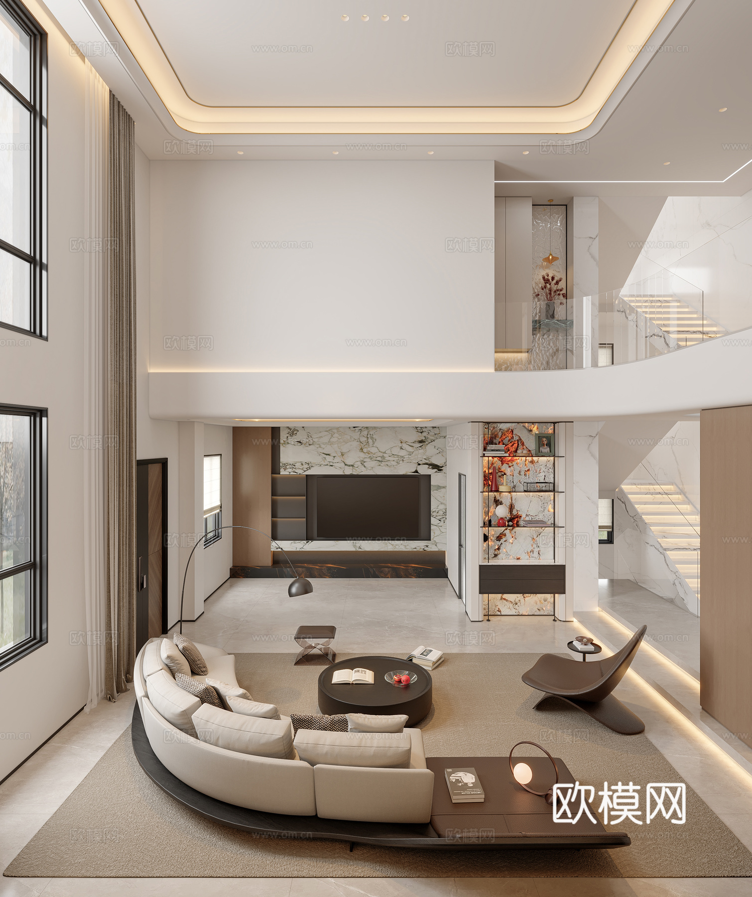 意式轻奢别墅客餐厅3d模型下载（渲染图1）