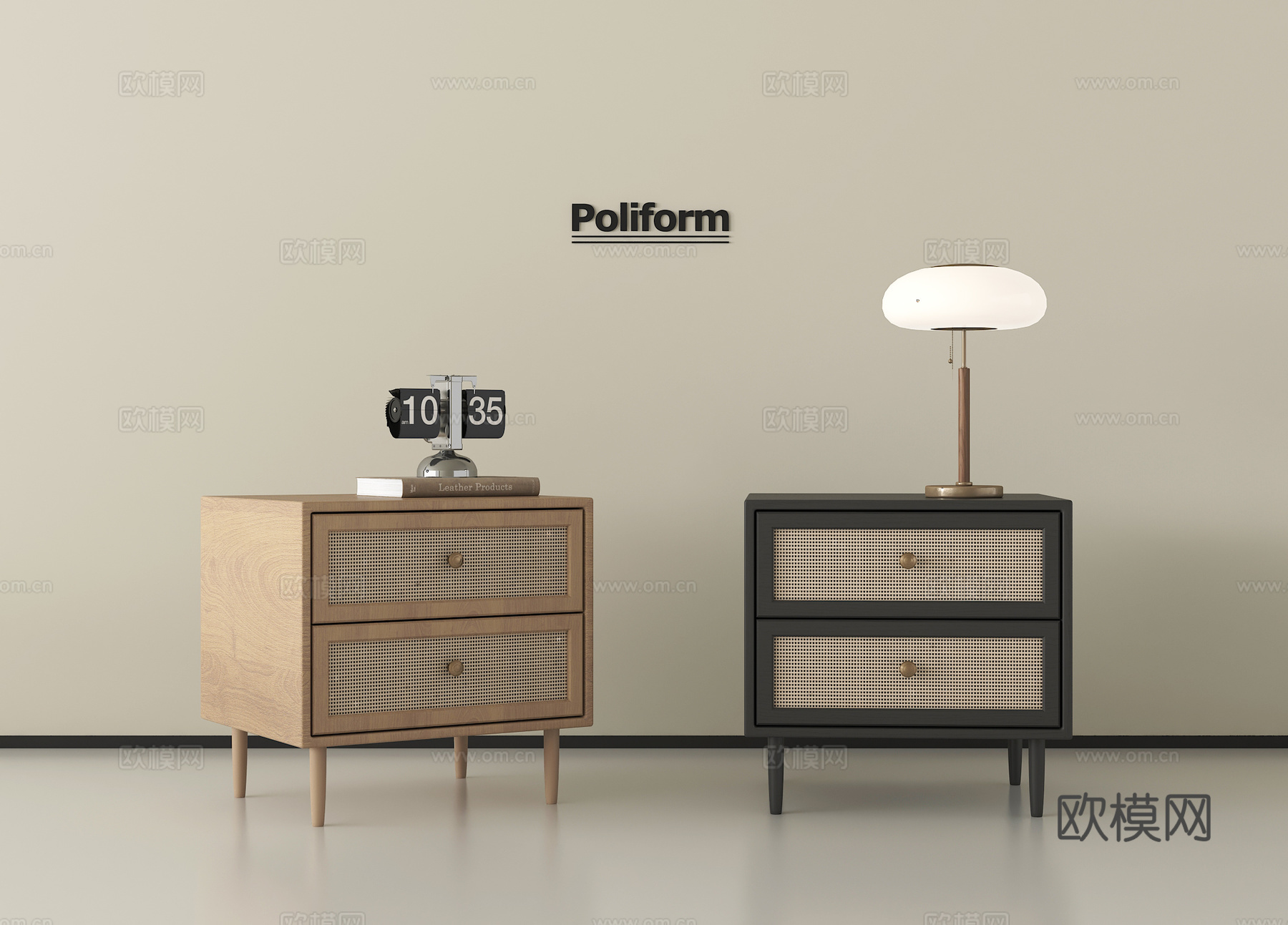 侘寂中古床头柜 方形床头柜 藤编床头柜 木材 台灯 摆件3d模型下载