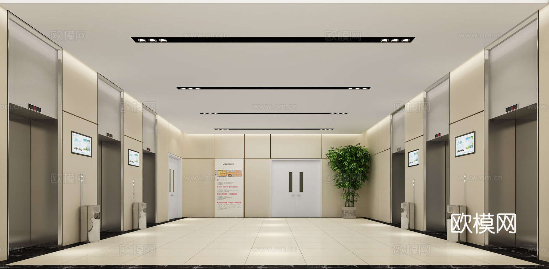 现代医院大堂 电梯厅绿植防火门带观察窗3d模型下载（渲染图1）