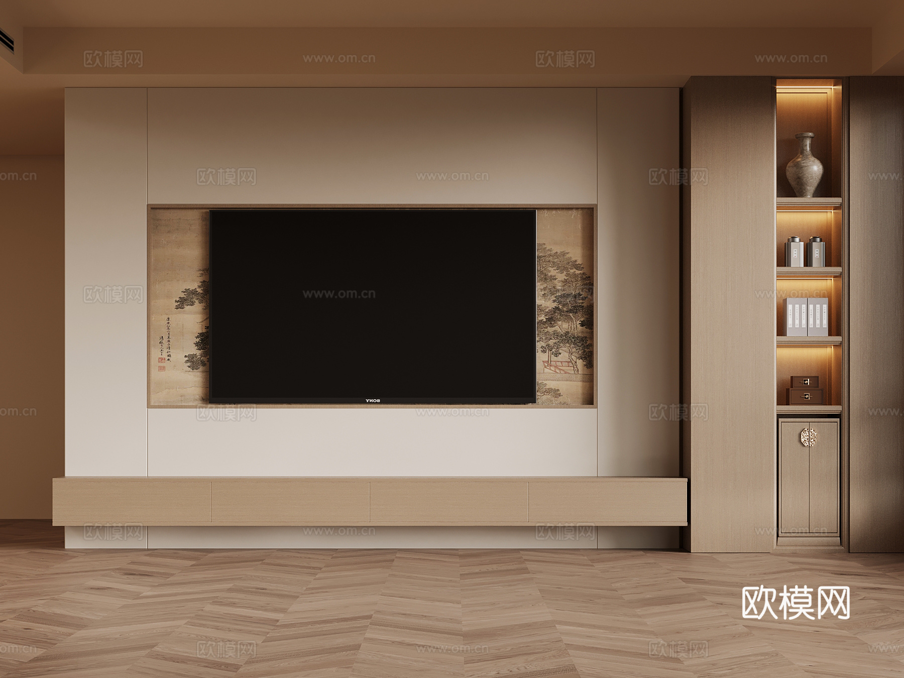 新中式背景墙su模型
