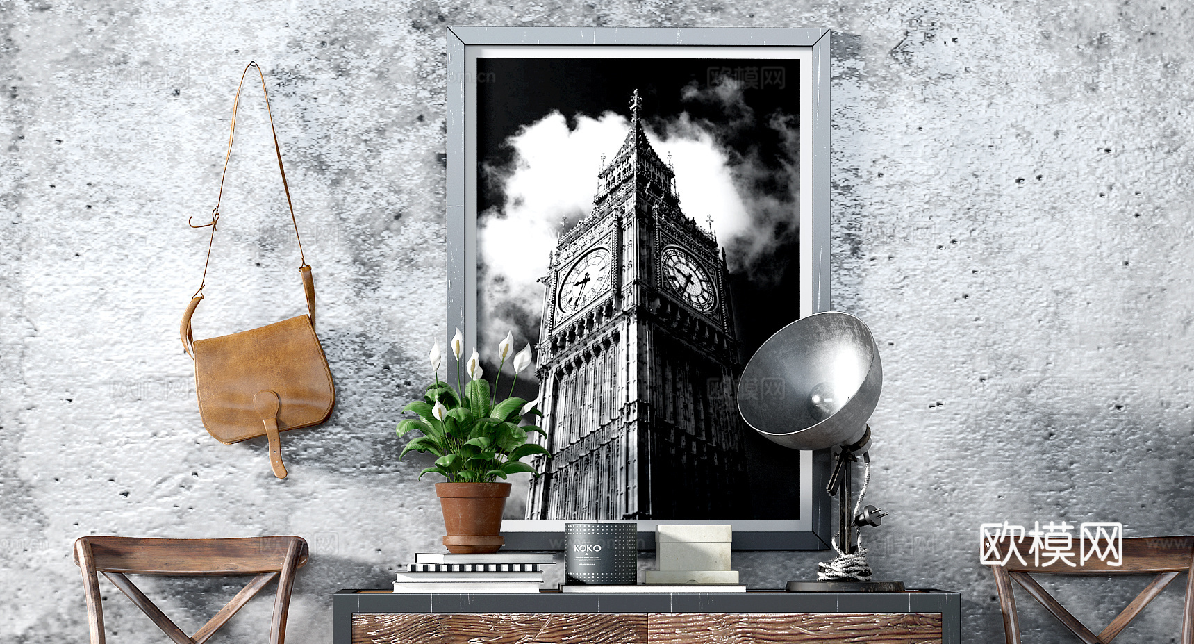 工业风边柜 椅子 摆件 饰品 挂画3d模型下载（渲染图3）