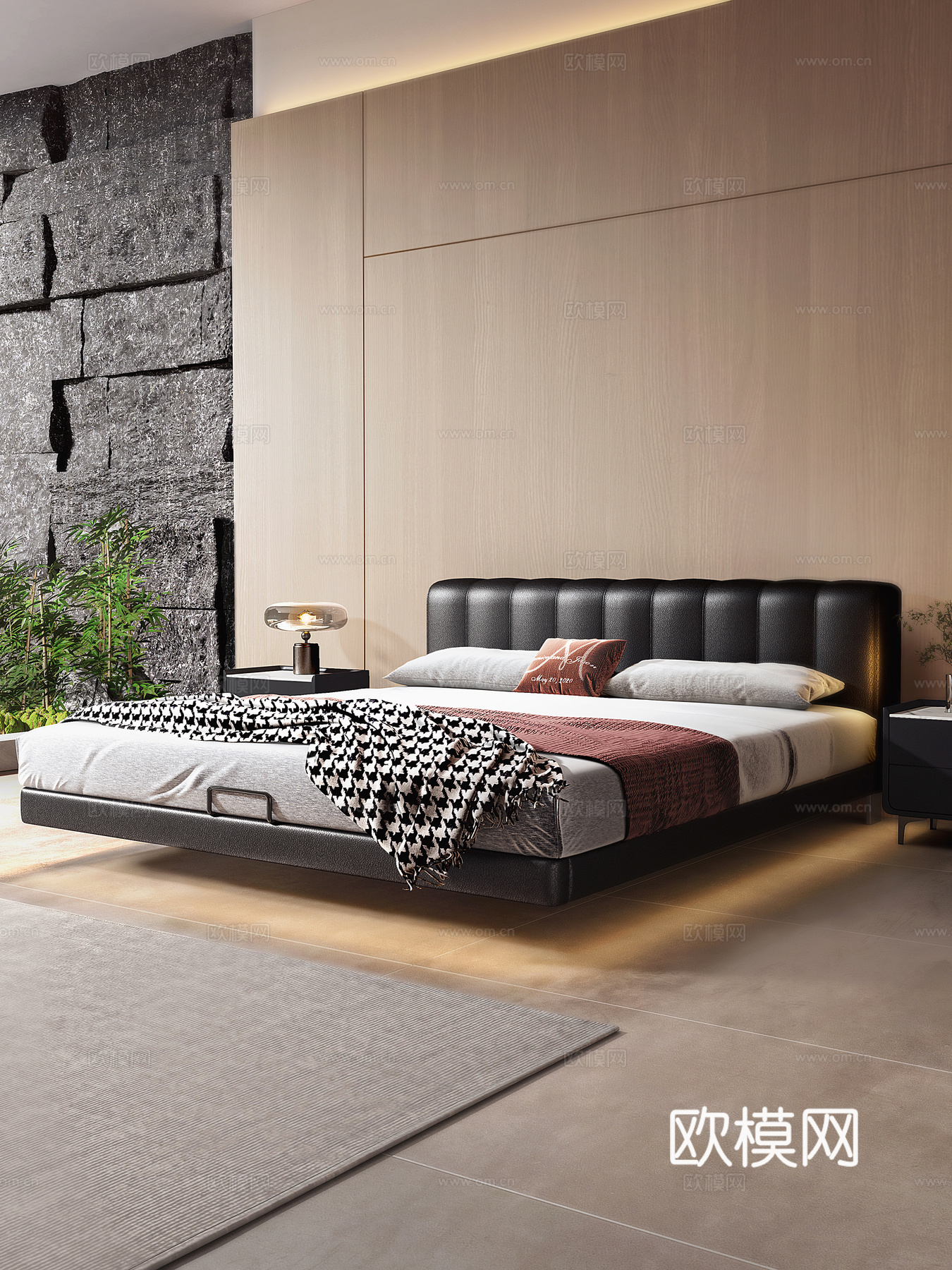 现代床 意式极简床 双人双 悬浮床 钢琴键床 Minotti3d模型下载（渲染图1）