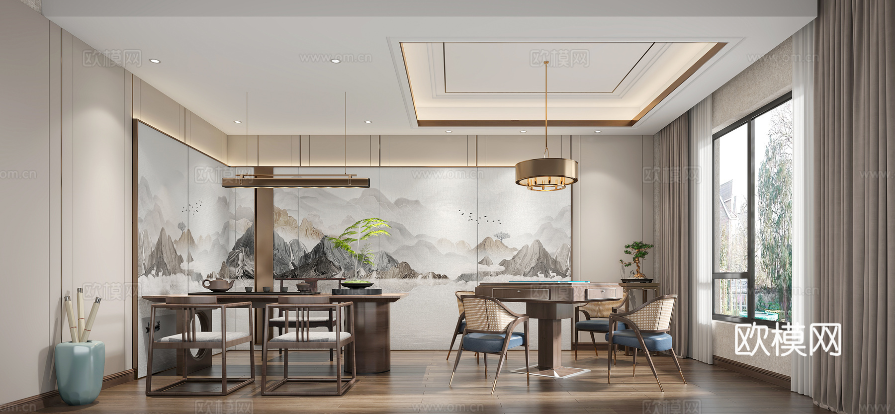 新中式现代茶室会客室茶桌组合3d模型棋牌3d模型下载