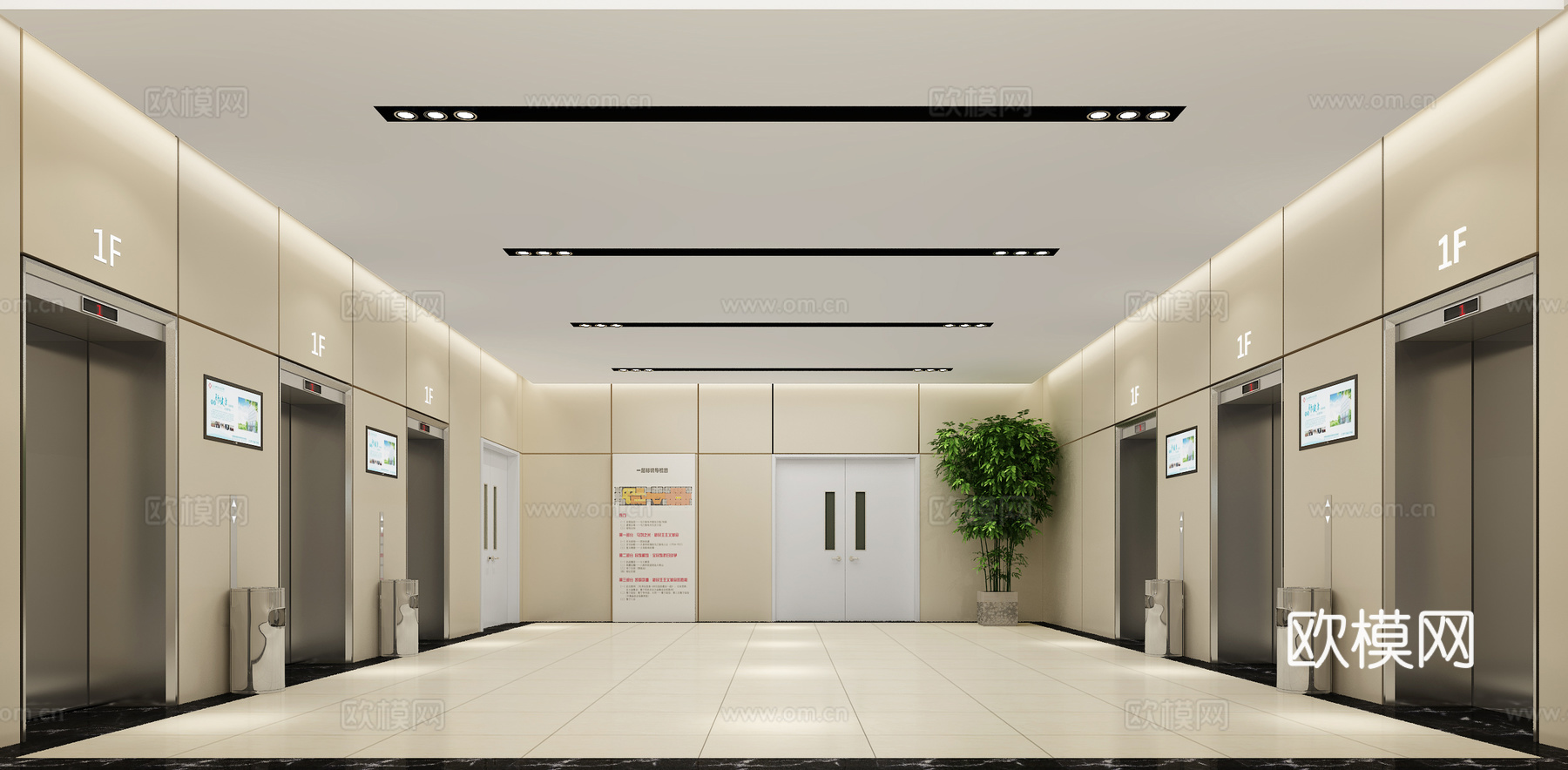 现代医院大堂 电梯厅绿植防火门带观察窗3d模型下载（渲染图2）
