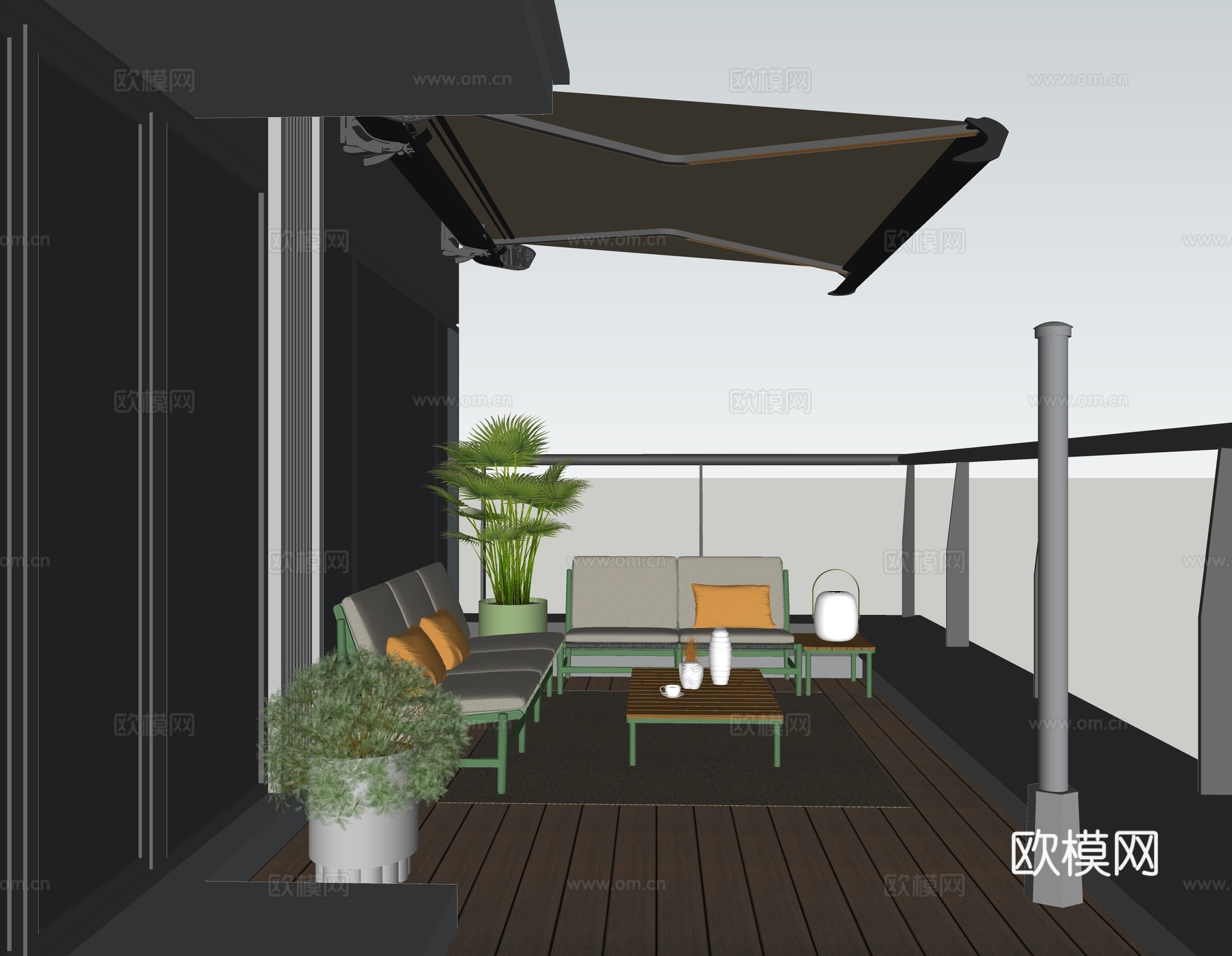 现代户外家具 转角 多人沙发 柚木茶几 侧几 建筑伸缩曲臂遮su模型
