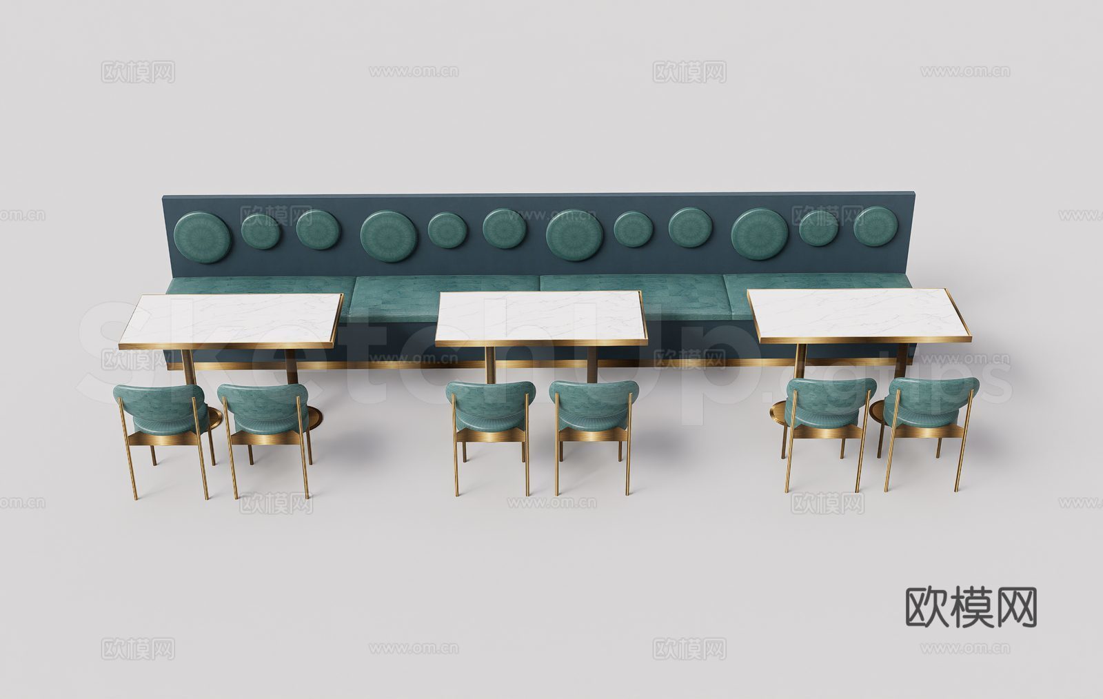 ​​现代轻奢餐厅卡座沙发 轻奢绿绒餐厅套组 圆形装饰背沙发su模型