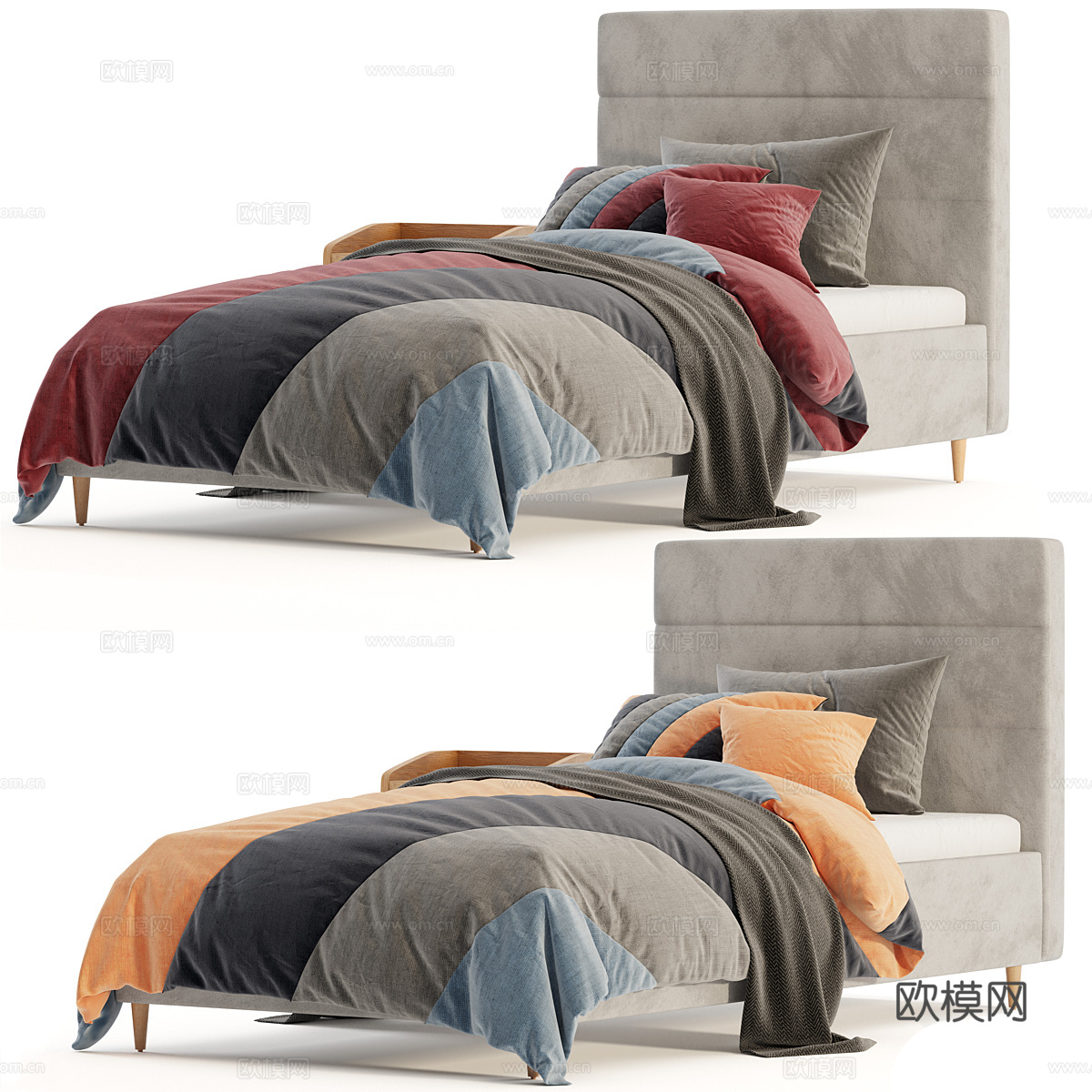 现代北欧布艺单人床3d模型下载（渲染图2）