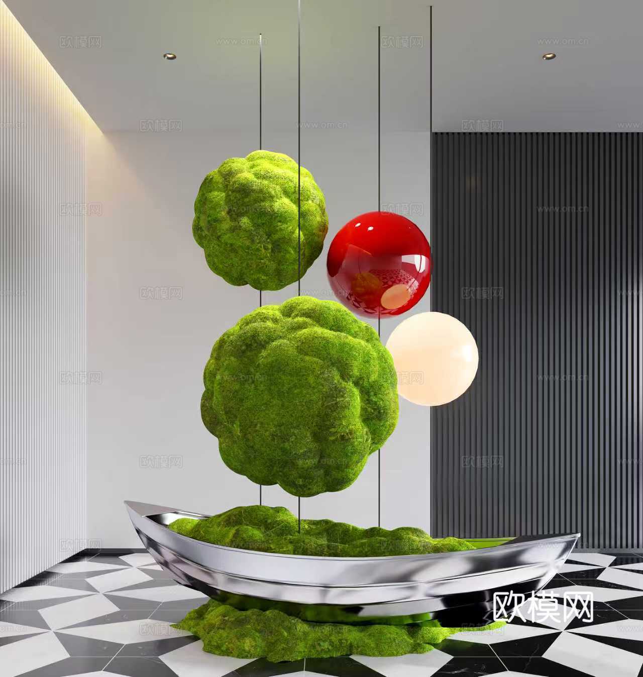 现代室内景观造景 苔藓景观 景观装置 船装置3d模型下载