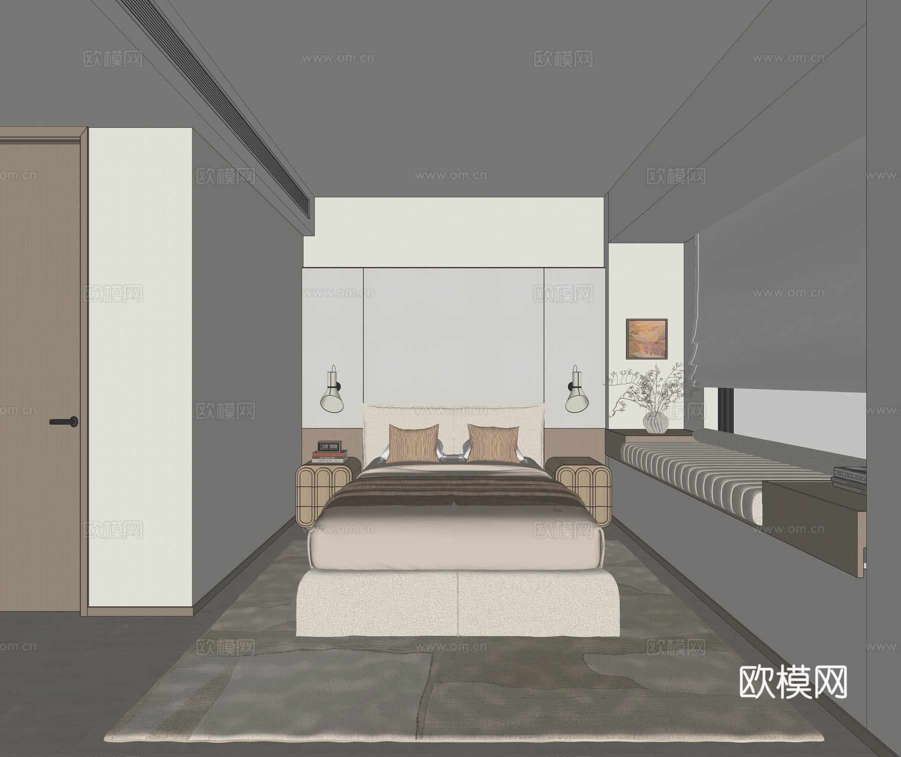 现代 原木  卧室su模型