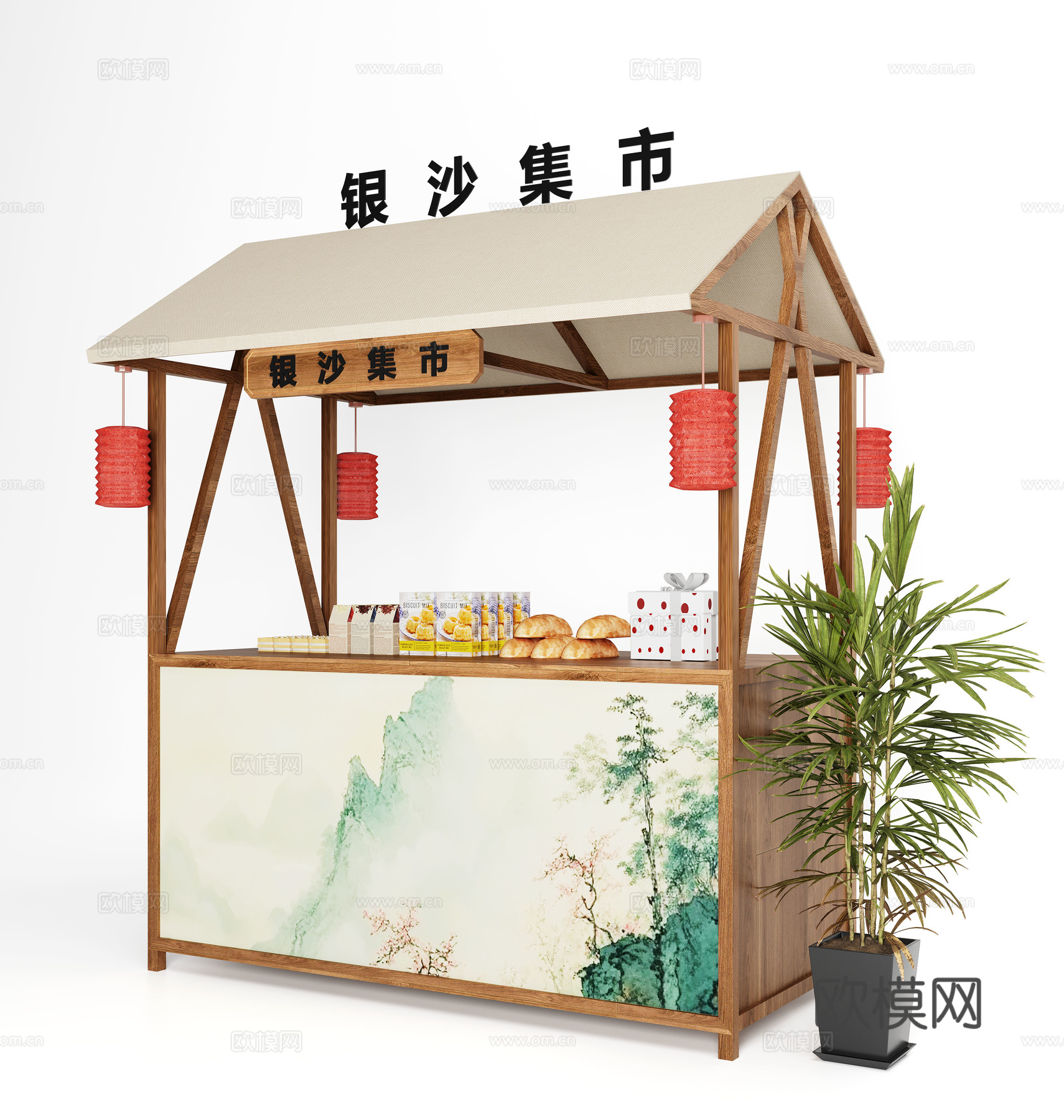 现代集市摊位 售货车 夜市摊位3d模型下载