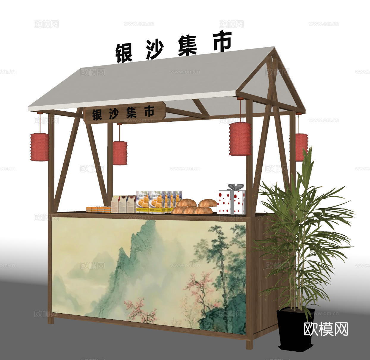 现代集市摊位 售货车 夜市摊位su模型