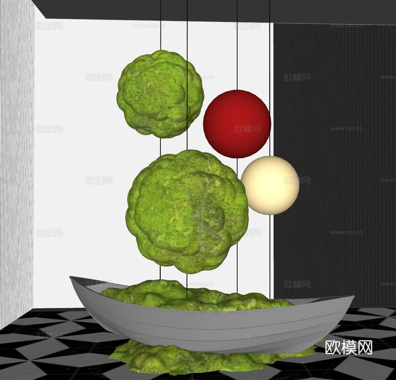 现代室内景观造景 苔藓景观 景观装置 船装置su模型