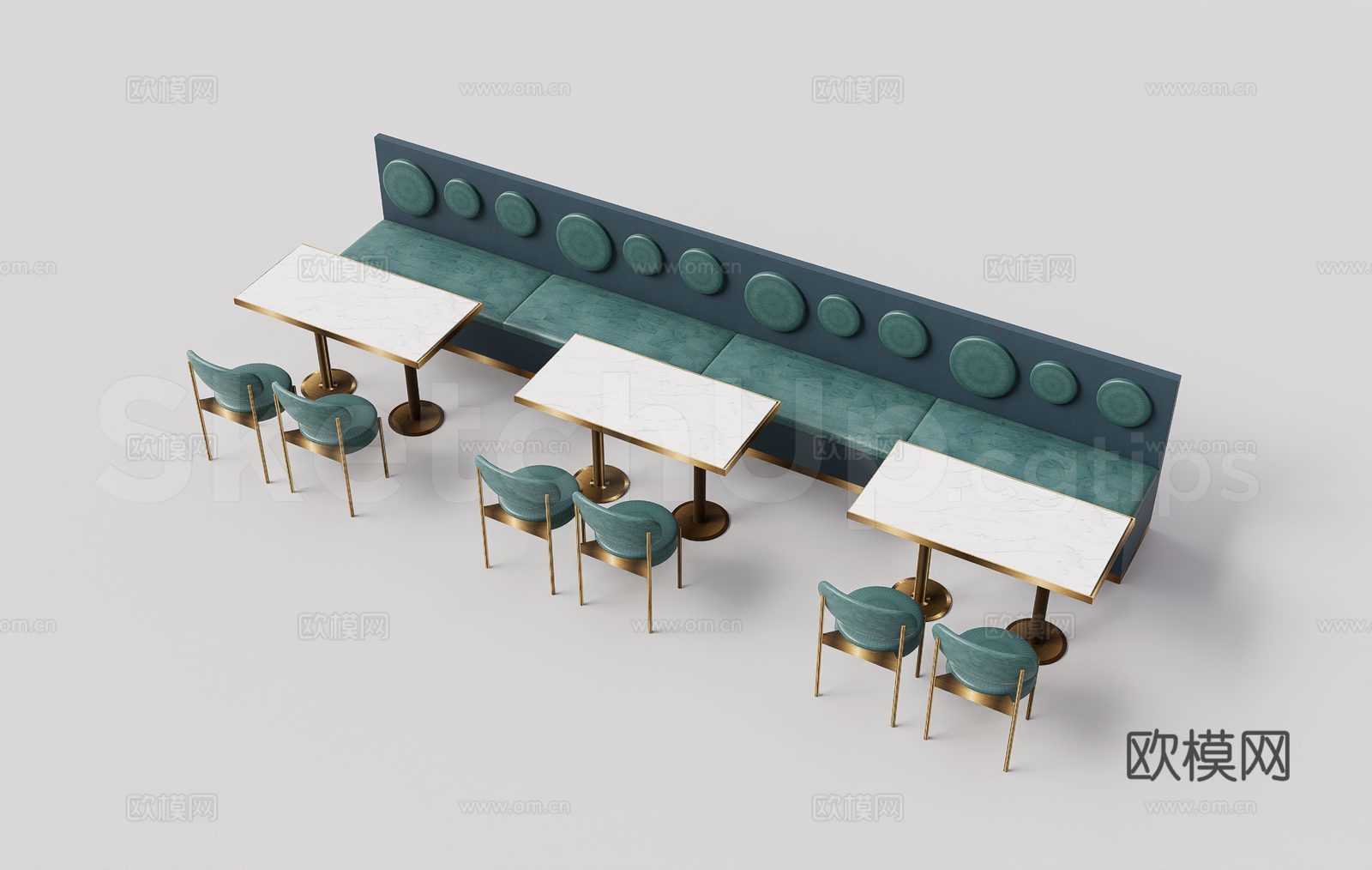 ​​现代轻奢餐厅卡座沙发 轻奢绿绒餐厅套组 圆形装饰背沙发su模型